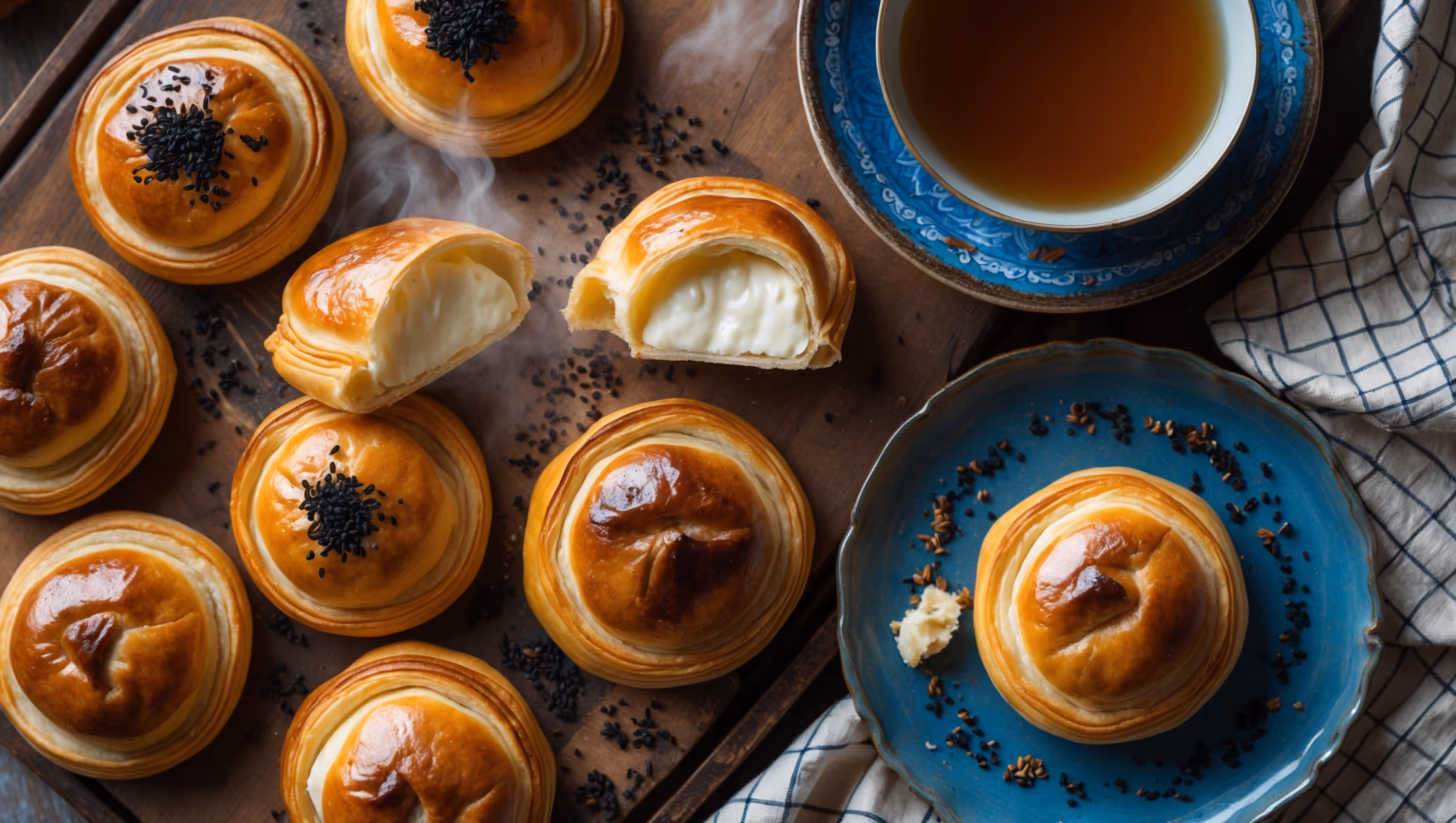 An overhead shot of golden-brown Turkish pogaca arranged on a rustic wooden board, with one broken open to reveal the soft, creamy cheese filling inside. The soft natural light highlights the flaky layers of the pastry, and a scattering of black sesame seeds adds striking contrast against the burnished tops. A vintage blue ceramic plate holds additional pogaca nearby, with a small bowl of Turkish tea and a checkered linen napkin completing the composition. Steam gently rises from the freshly baked pastries, suggesting their warmth and inviting aroma.