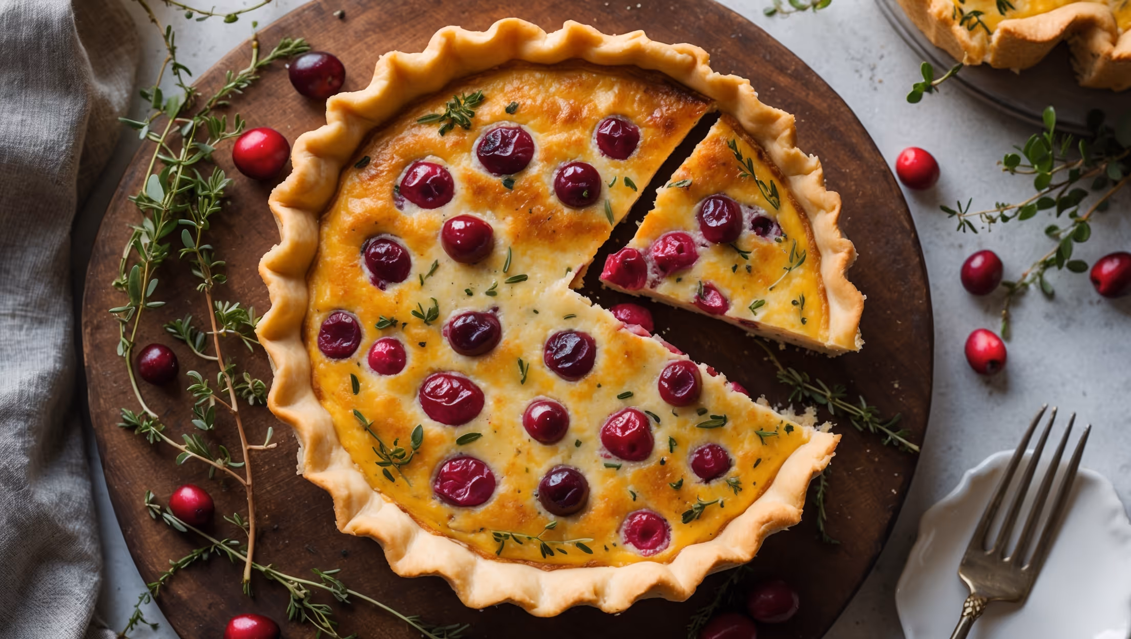 An overhead shot of a golden-brown Turkey and Cranberry Quiche with a perfectly flaky crust, set on a rustic wooden board. Natural window light highlights the colorful filling where chunks of roasted turkey mingle with ruby-red cranberries and specks of fresh herbs. A cross-section slice reveals the creamy, custard-like interior studded with festive ingredients. Sprigs of thyme and scattered cranberries surround the quiche, while a vintage cake fork rests alongside, ready for serving. The warm, inviting scene suggests holiday comfort food with an elegant twist.