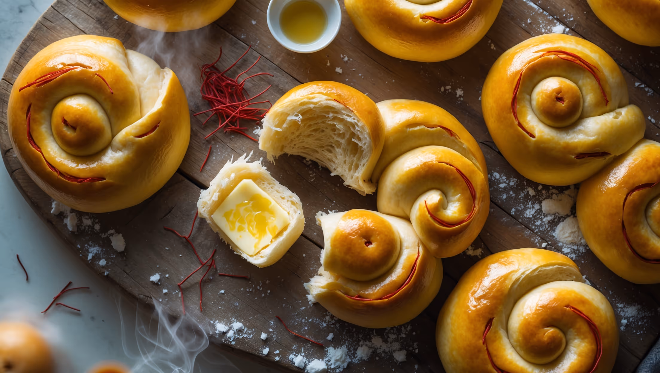 Overhead shot of spiral-shaped golden-yellow buns arranged on a rustic wooden board, their vibrant color intensified by soft natural light streaming through a kitchen window. A close-up reveals the pillowy texture with delicate saffron threads visible throughout the dough. Several buns are torn open, exposing their fluffy, tender interior with swirls of turmeric-saffron coloring. Scattered around the arrangement are whole saffron threads, a small bowl of honey, and a dusting of flour, all captured with shallow depth of field that emphasizes the buns' glossy, egg-washed surface. Steam gently rises, suggesting they're freshly baked, with butter melting into one partially sliced bun.