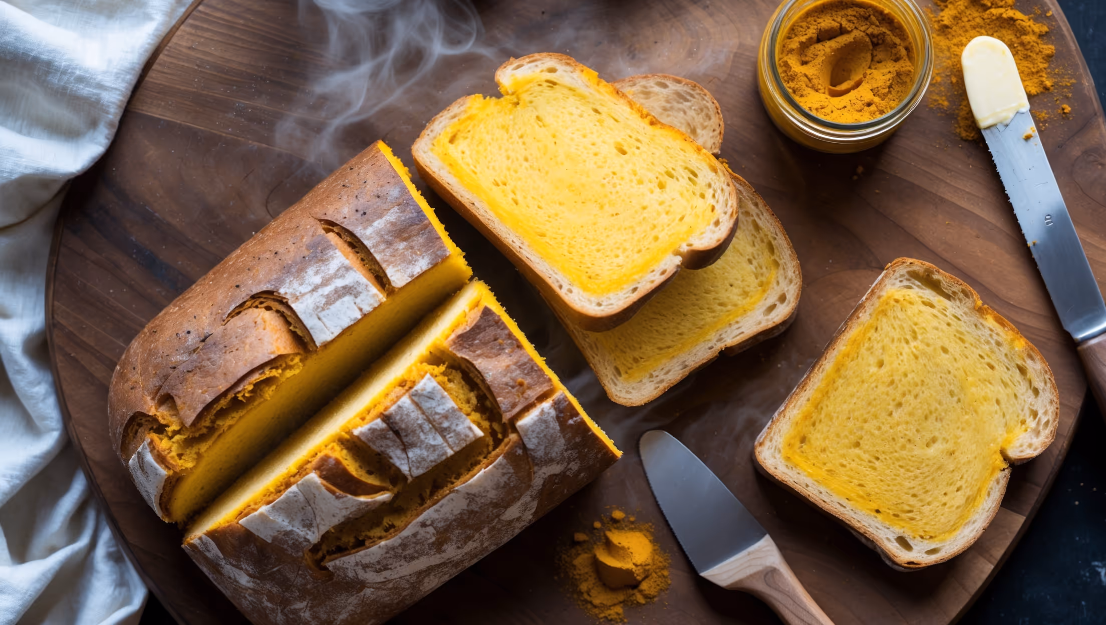 An overhead shot of a freshly sliced turmeric golden milk sandwich loaf arranged on a rustic wooden board, displaying its vibrant yellow interior with a perfect tender crumb. Natural window light highlights the golden-hued crust with subtle speckles of black pepper and cinnamon. A small jar of golden milk spice blend sits nearby, alongside a butter knife and a partially spread slice showing the bread's soft, pillowy texture. A light dusting of turmeric powder decorates one corner of the wooden board, while steam rises gently from a freshly cut slice, suggesting warmth and freshness.