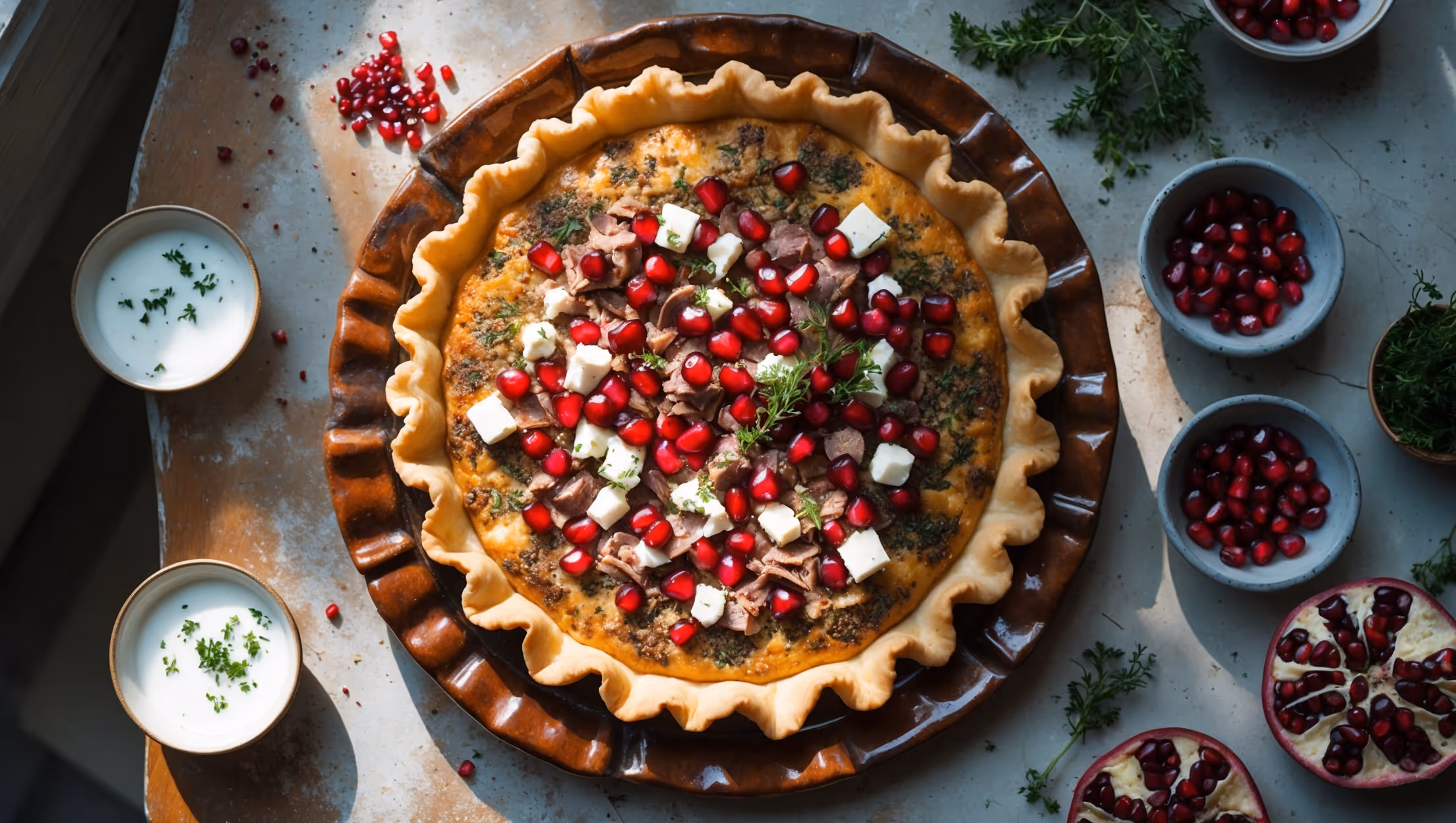 An overhead shot of the golden-brown quiche resting on a handcrafted ceramic platter, bathed in soft natural light from a nearby window. The crust displays a perfect flaky texture with a slightly crimped edge, while the filling reveals a rich mosaic of colors – the russet tones of sumac-spiced lamb, ivory flecks of feta, and ruby-red pomegranate seeds scattered across the surface like gems. Surrounding the quiche are small bowls of additional pomegranate arils, fresh herbs, and a light yogurt sauce, all arranged on a weathered wooden table with scattered sumac and a vintage Turkish tea set nearby, creating a warm, inviting Mediterranean tableau.