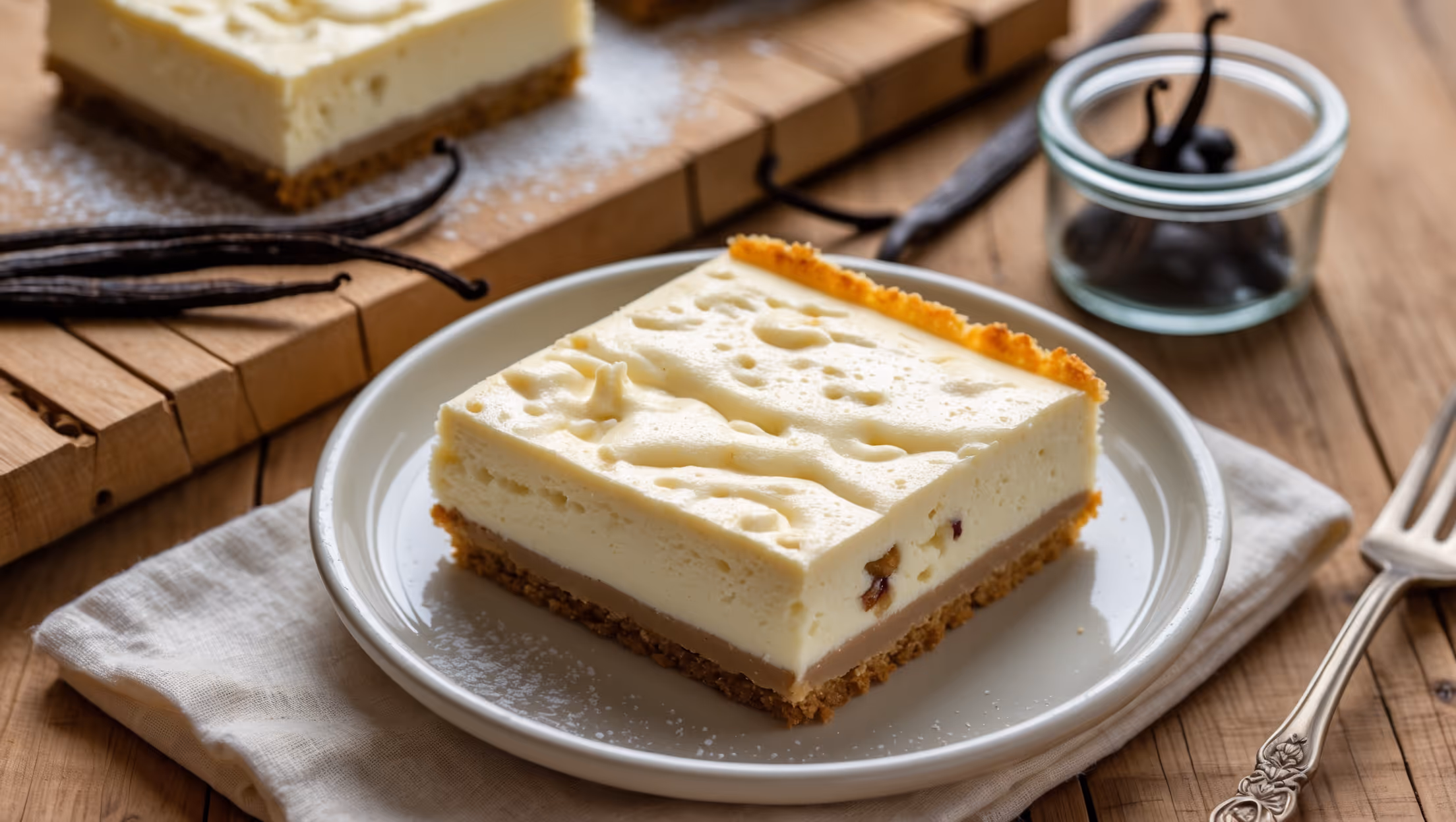 An overhead shot showcases a perfectly cut square of vanilla bean cheesecake bar on a white ceramic plate, revealing tiny flecks of real vanilla bean throughout the creamy filling. The warm natural daylight highlights the contrast between the golden graham cracker crust and the ivory cheesecake layer. A cross-section view reveals the distinct two layers with a clean cut edge. In the background, additional bars sit on a rustic wooden serving board alongside scattered fresh berries and a small jar of vanilla beans. A light dusting of powdered sugar catches the light, and a vintage silver fork rests beside the featured piece, ready for tasting.