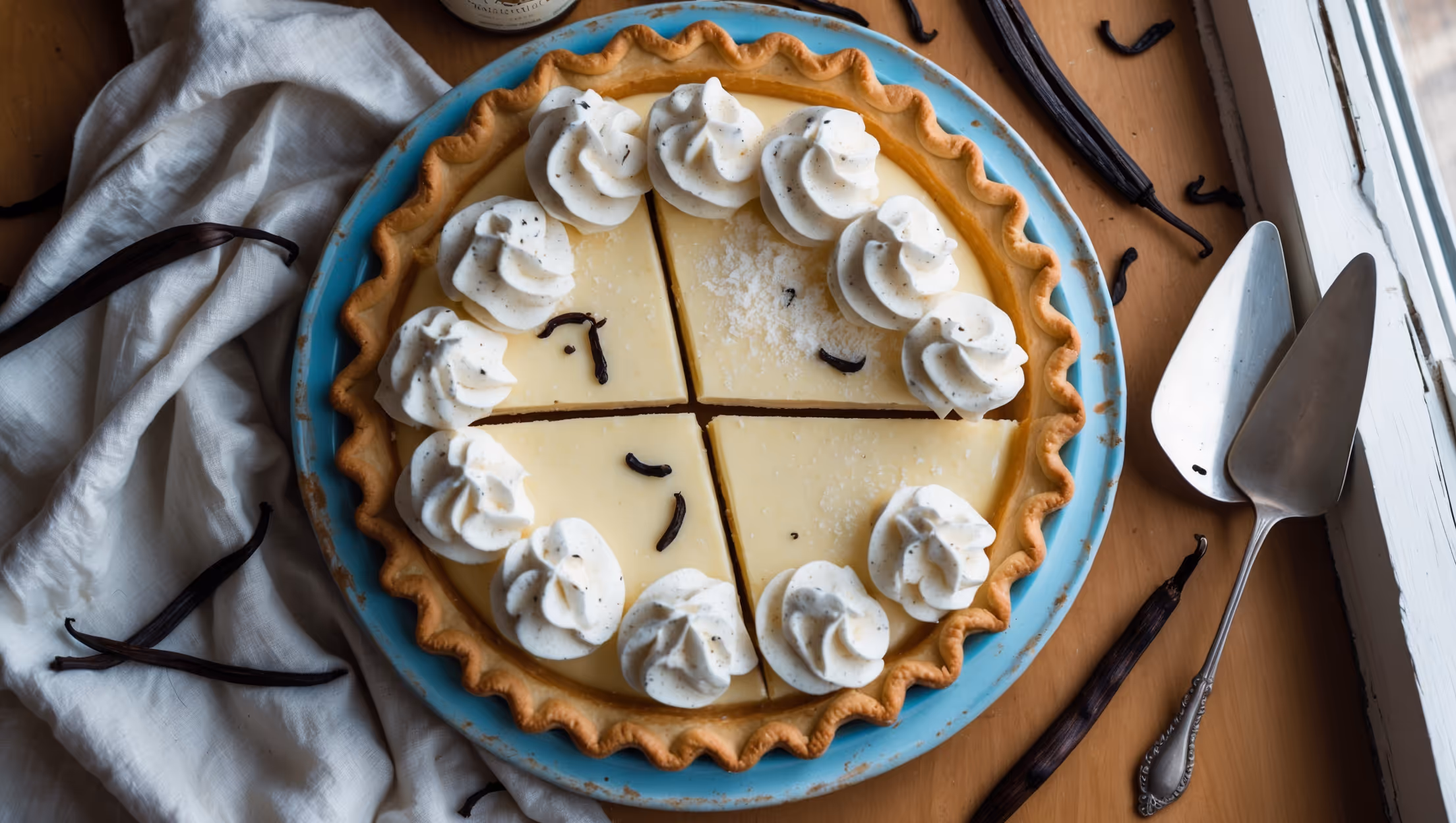 An overhead shot captures a perfectly sliced Vanilla Bean Cream Pie revealing its three distinct layers - the golden, flaky pastry crust, the luscious pale yellow vanilla bean-speckled custard filling, and the pillowy swirls of fresh whipped cream on top. The pie rests on a vintage blue ceramic plate against a light linen tablecloth, with soft natural light streaming in from a nearby window. Scattered across the wooden table are whole vanilla beans, a small jar of vanilla extract, and a delicate silver pie server. The cream is garnished with tiny specks of vanilla bean and a light dusting of powdered sugar, creating a beautiful contrast between the pristine white cream and the warm golden custard beneath.