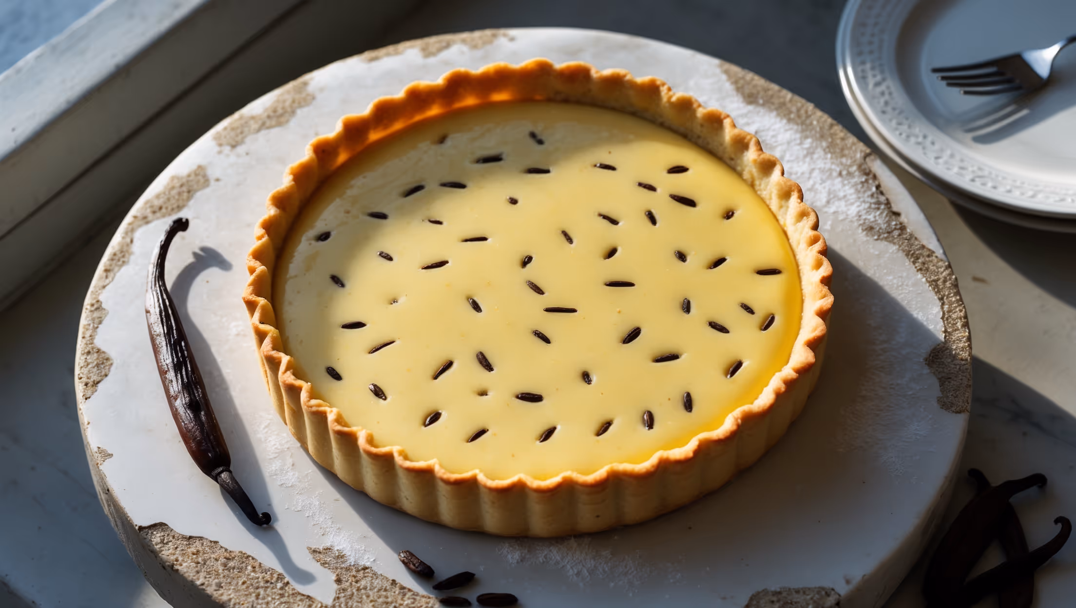 An overhead shot captures the Vanilla Bean Custard Tart nestled on a weathered marble cake stand, its golden shortcrust pastry forming a perfect circle against the cool stone surface. Natural window light highlights the custard's glossy surface, revealing delicate flecks of vanilla bean scattered throughout the sunshine-yellow filling. A cross-section view reveals the crisp, perfectly baked pastry shell supporting the luxuriously smooth custard layer. In the foreground, a single vanilla pod and scattered whole beans provide context, while a dusting of powdered sugar catches the light along the tart's edges. A silver dessert fork rests alongside a plated slice, showing the clean, precise layers and the gentle wobble of the just-set custard.