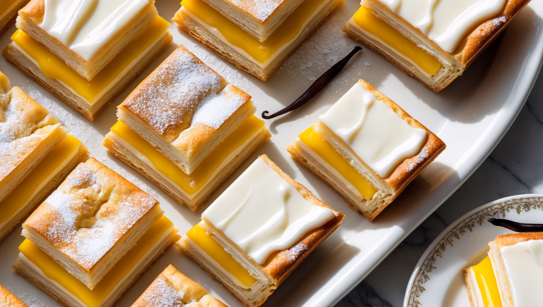 An overhead shot of perfectly cut square vanilla slices arranged on a white ceramic platter, showcasing their distinctive yellow custard layer sandwiched between golden puff pastry. A cross-section view reveals the precise layers - crisp bottom pastry, thick sunshine-yellow vanilla custard, and thin top pastry sealed with glossy white icing. Soft natural light streams across the scene, highlighting the contrast between the crackly pastry and silky custard filling. A light dusting of powdered sugar and a vanilla bean pod rest nearby, while one slice sits on a vintage dessert plate with a fork pressing into its layers, demonstrating the perfect resistance of the custard against the shattering pastry.