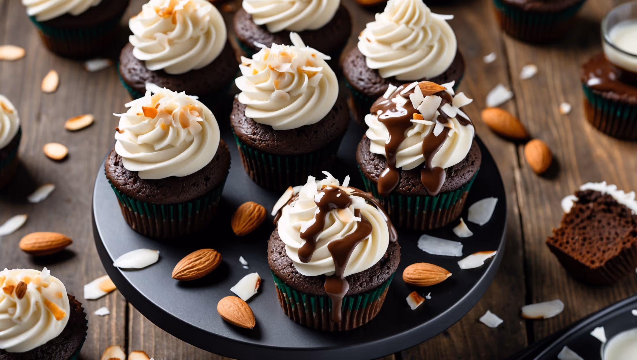 An overhead shot of six perfectly domed chocolate cupcakes on a matte black cake stand, each crowned with swirls of fluffy white almond buttercream. A glossy chocolate ganache drizzles down the sides, pooling slightly at the base of the frosting. Sprinkled coconut flakes and sliced almonds create textural contrast on top, while one cupcake has been cut open to reveal its moist chocolate crumb and coconut cream filling. Scattered whole almonds and coconut flakes surround the display, with a soft natural light casting gentle shadows that highlight the shine of the chocolate drizzle. A small glass of plant milk sits beside the arrangement on a rustic wooden table.