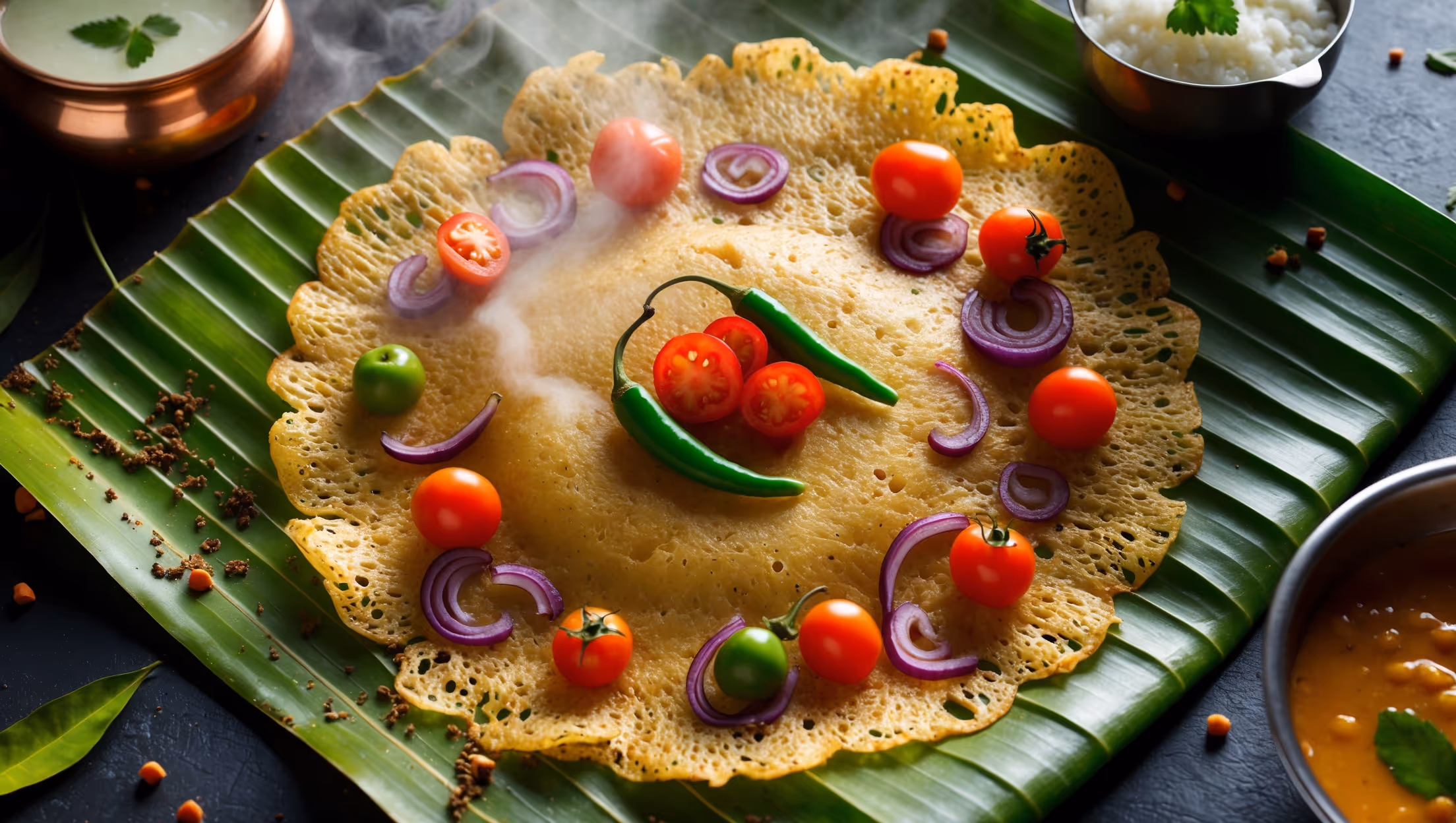 An overhead shot of a golden-brown uttapam on a traditional banana leaf, its surface decorated with vibrant red tomatoes, green chilies, and purple onions that have been lightly caramelized during cooking. The pancake's edges are crispy and lacy, while the center remains pillowy soft. Soft natural light streams across the scene, highlighting the textural contrast between the pancake's crisp exterior and tender interior. A small copper pot of coconut chutney and a stainless steel dish of sambar sit alongside, their bright colors complementing the uttapam. Steam rises gently from the freshly made pancake, suggesting its warmth and freshness, while scattered curry leaves and mustard seeds add authentic styling elements to the composition.