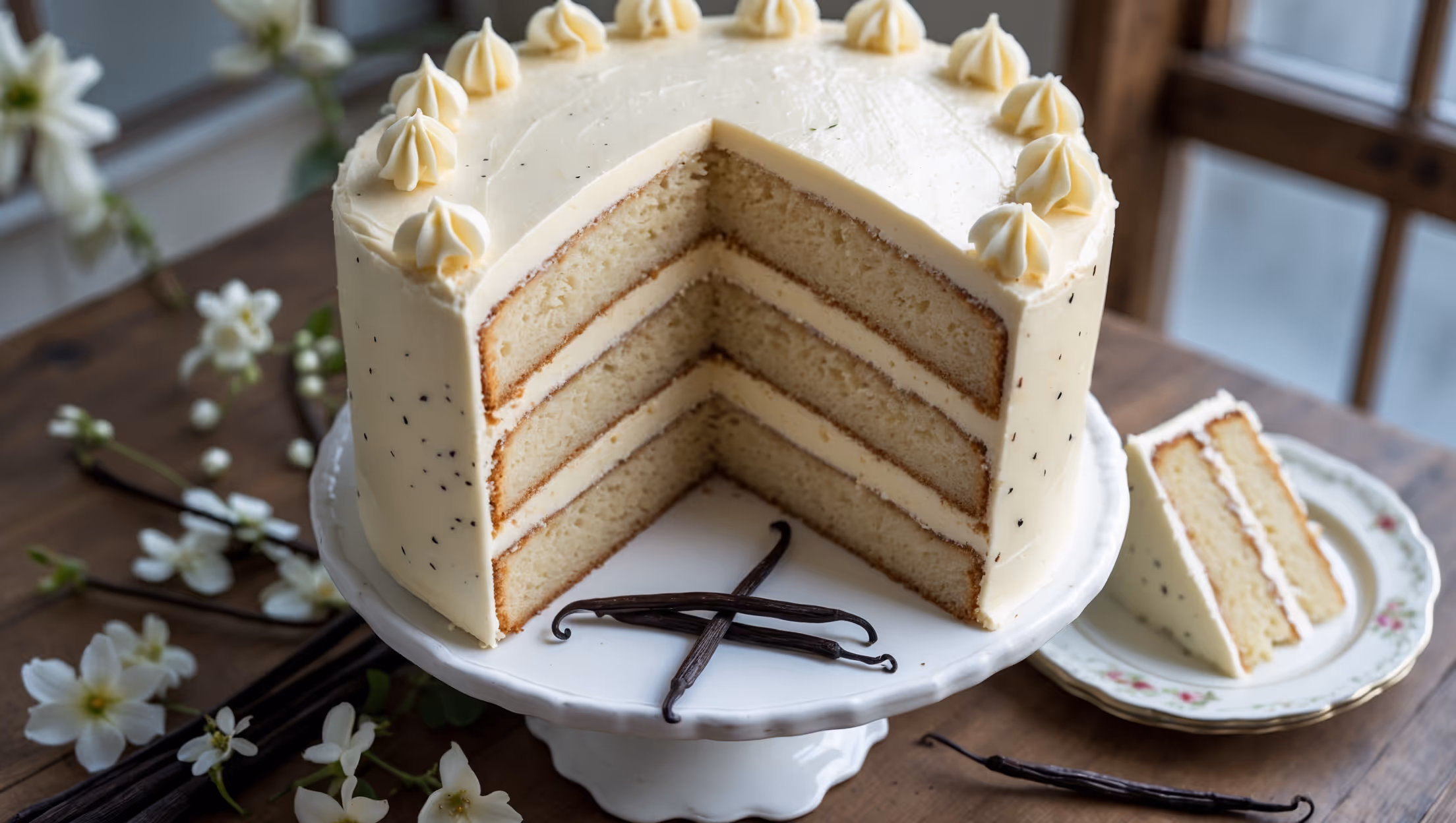 An overhead shot of a three-layer vanilla bean cake on a white ceramic cake stand, its sides perfectly frosted with smooth, ivory buttercream. A cross-section reveals the delicate crumb texture of the pale-golden cake layers separated by creamy frosting. Natural window light casts a soft glow across the scene, highlighting the tiny black vanilla bean specks throughout the cake and frosting. Several whole vanilla pods and small white flowers are artfully arranged around the base, while a single slice rests on a vintage dessert plate, showing the cake's moist interior contrasting beautifully with the velvety frosting.