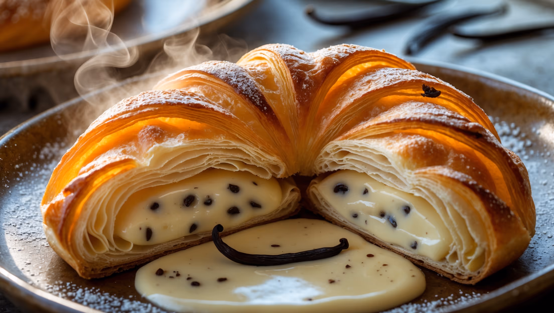 A close-up shot of a golden-brown Danish pastry under soft morning light, showcasing its flaky, laminated layers that curl elegantly around a pool of rich vanilla custard. The cross-section reveals the contrast between the airy, honeycomb pastry structure and the smooth, speckled vanilla bean filling. Visible flecks of real vanilla beans dot the creamy center, while a thin, translucent glaze catches the light on top. The pastry sits on a rustic ceramic plate with scattered vanilla pods and a dusting of powdered sugar in the background, creating depth and context. Steam rises gently, suggesting it's freshly baked, while the burnished edges demonstrate perfect caramelization.