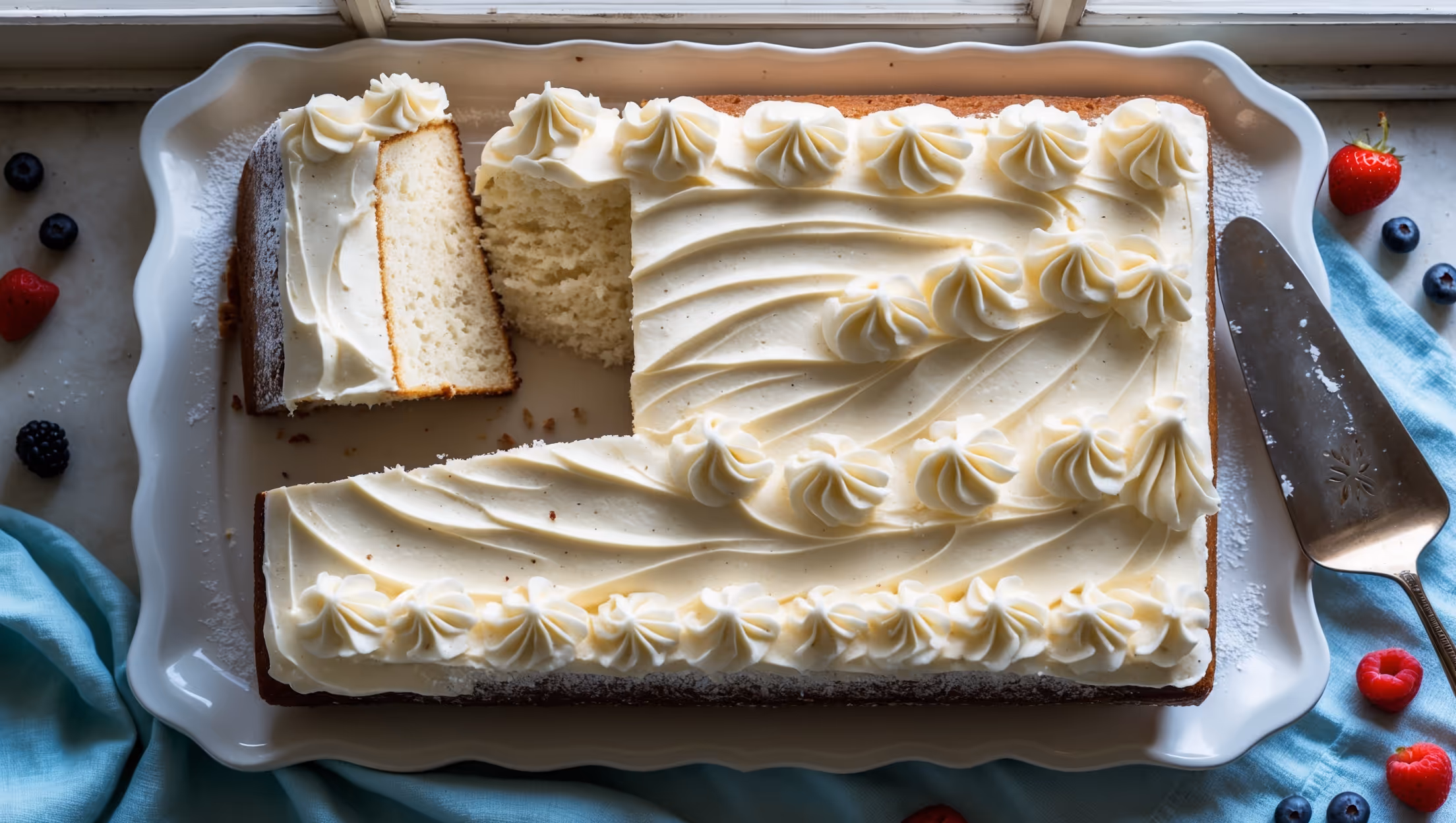 Overhead shot of a perfectly rectangular vanilla sheet cake with swirls of ivory buttercream frosting catching soft natural light from a nearby window. A slice has been removed, revealing the cake's fine, moist crumb against the smooth frosting layer. Tiny flecks of vanilla bean are visible throughout the golden sponge, while the buttercream peaks and valleys create elegant texture. The cake sits on a white ceramic platter against a light blue linen, with fresh berries scattered around and a vintage cake server positioned nearby. A dusting of powdered sugar provides subtle contrast against the creamy frosting.