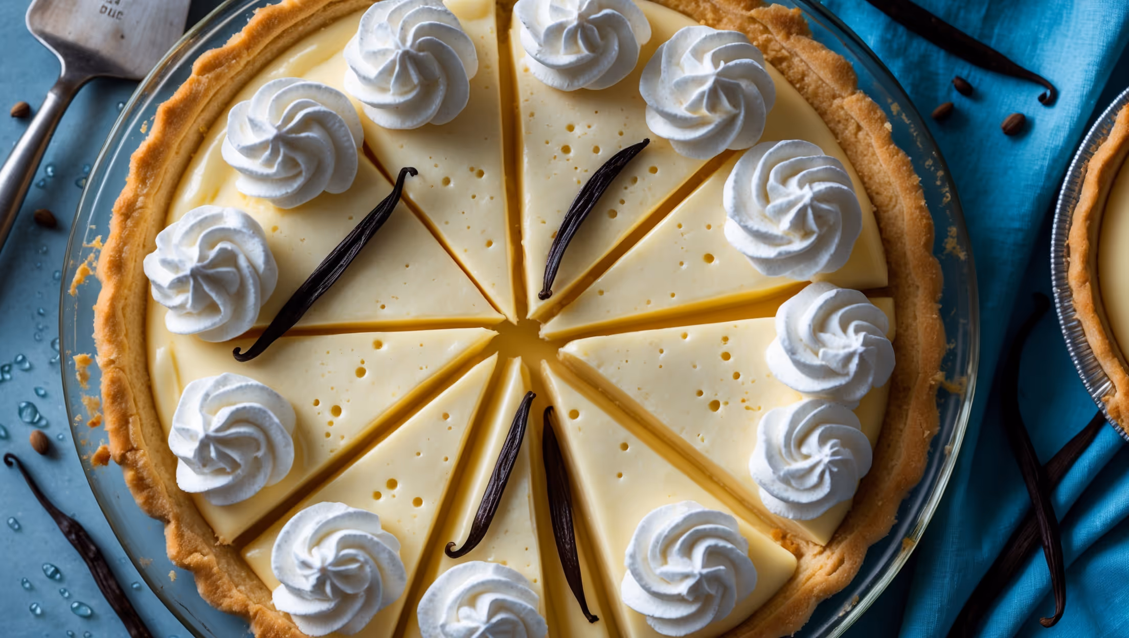 Overhead shot of a perfectly sliced vanilla cream pie revealing its distinct layers – golden buttery crust, pale yellow custard filling, and cloud-like whipped cream topping. Natural window light highlights the vanilla bean specks throughout the custard while casting a gentle glow on the decorative piped cream rosettes and scattered vanilla pod garnish. The pie rests on a vintage milk-glass cake stand against a blue linen backdrop, with a silver pie server nearby and scattered vanilla beans creating visual interest. Condensation beads on the custard's surface suggest its cool, refreshing nature – the perfect complement to its rich, velvety texture.