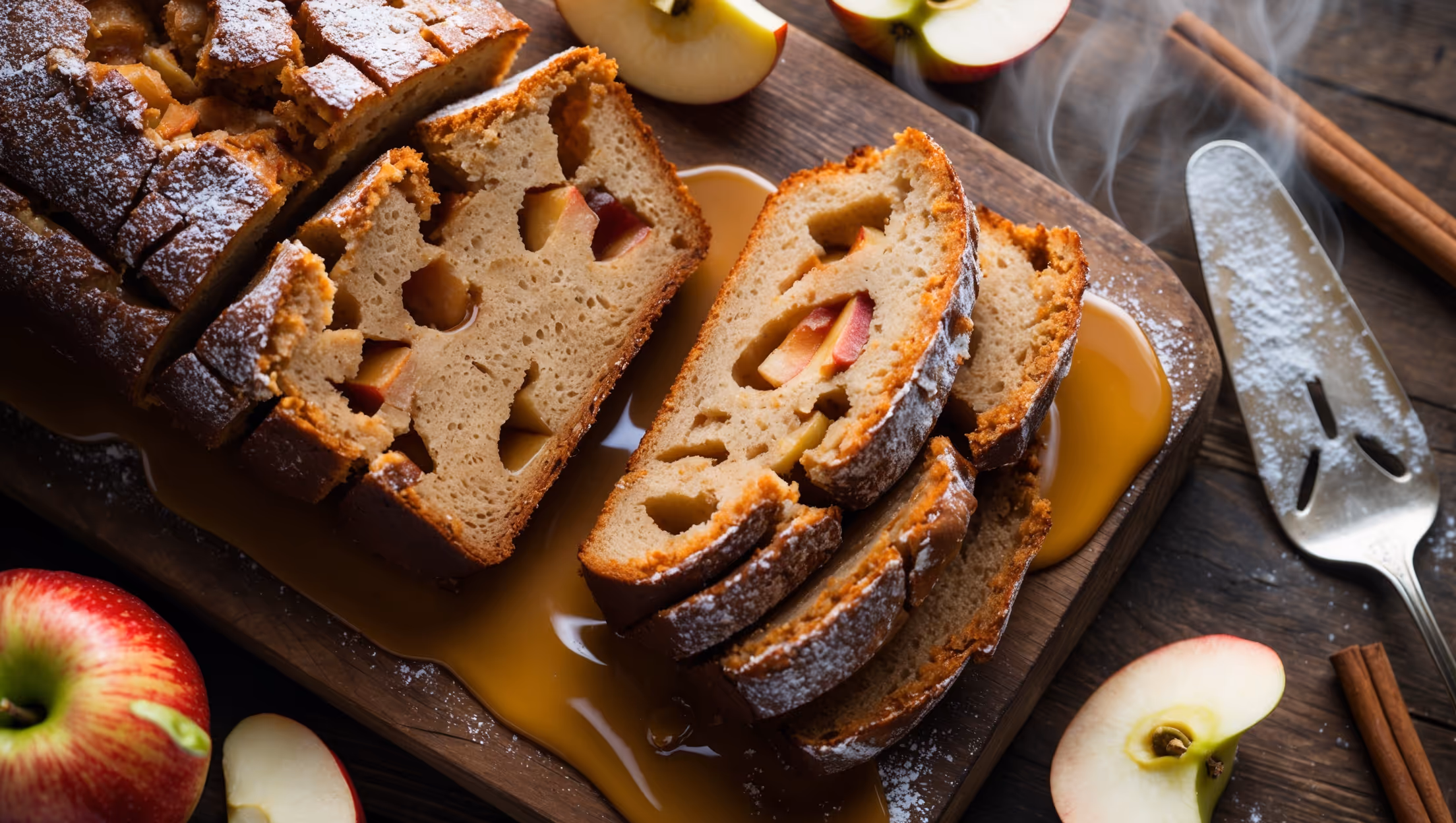 An overhead shot of a rustic wooden board featuring thick slices of the golden-brown Vegan Apple Fritter Loaf, revealing pockets of caramelized apples and swirls of cinnamon throughout the crumb. A cross-section view highlights the moist, tender texture and apple chunks suspended throughout the loaf. Soft natural light streams across the scene, illuminating the glossy maple glaze dripping down the sides. Scattered around the base are fresh apple slices, cinnamon sticks, and a light dusting of powdered sugar, while a vintage cake server rests alongside, ready to serve another slice. Steam visibly rises from a freshly cut piece, suggesting it's still warm from the oven.