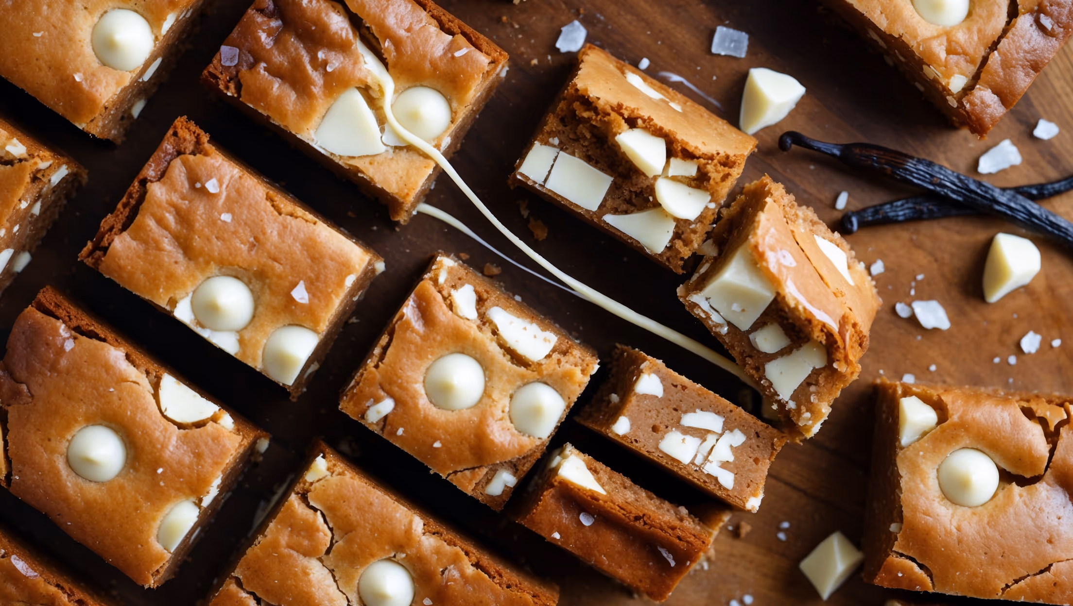 An overhead shot of golden-brown vegan blondies cut into perfect squares, revealing a dense, fudgy interior studded with melting white chocolate chunks. A cross-section view shows the chewy texture and caramelized edges. The blondies are arranged on a rustic wooden board with scattered vanilla beans and sea salt flakes, while soft natural light catches the glossy top surface, highlighting its slightly crackled appearance. One piece is being lifted, showing the gooey, rich center pulling apart with strands of melted white chocolate stretching between pieces.
