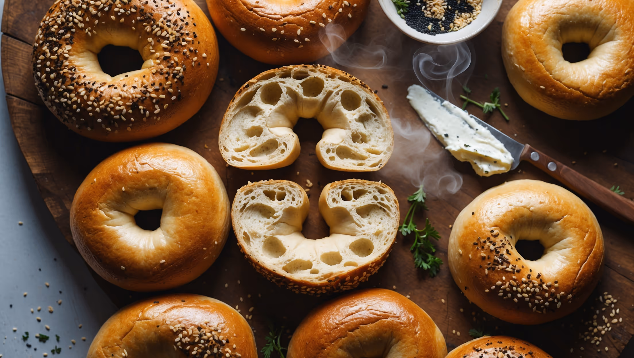 An overhead shot of freshly baked vegan bagels arranged on a rustic wooden board, their golden-brown surfaces glistening under soft natural light. A cross-section view reveals the bagel's dense, chewy interior structure with visible air pockets. Several whole bagels display perfectly formed holes and the characteristic smooth, shiny crust achieved through the boiling process. In the background, a small bowl of sesame and poppy seeds sits alongside scattered herbs and a knife with plant-based cream cheese, creating texture and color contrast against the warm tones of the bagels. Steam rises subtly from a bagel that's been freshly sliced, emphasizing their freshness and homemade quality.