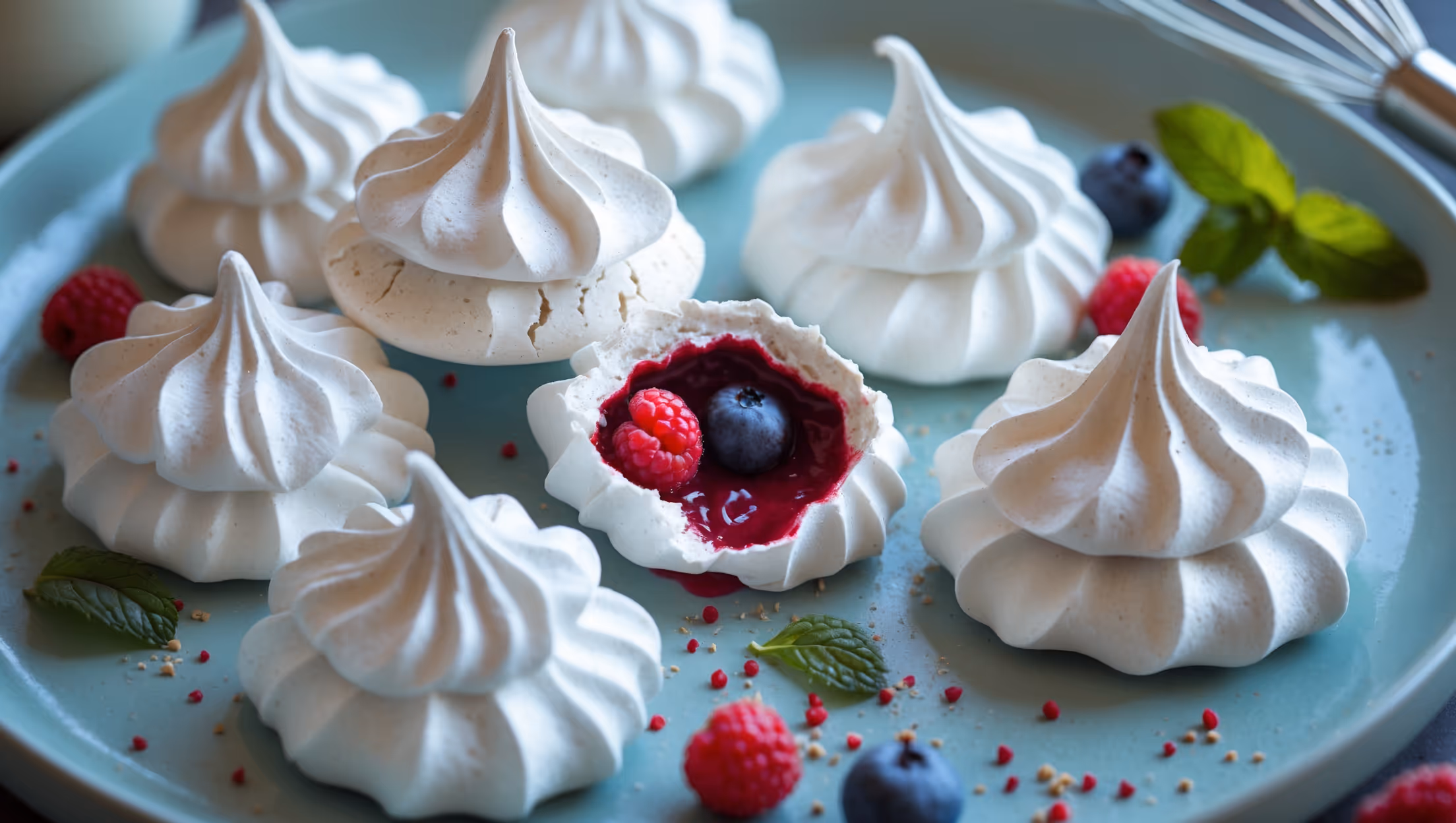 Close-up shot of perfectly formed vegan meringues with crisp, slightly crackled exteriors and swirled peaks, photographed in soft natural light against a pale blue ceramic plate. Several meringues are arranged in an artful cluster, revealing their delicate, hollow interiors where one has been broken open. Sprinkles of fresh berries and mint leaves add vibrant color contrast to the pure white treats. A small glass jar of aquafaba sits in the background, with a whisk resting nearby, hinting at the magical transformation of this bean liquid into these ethereal confections.