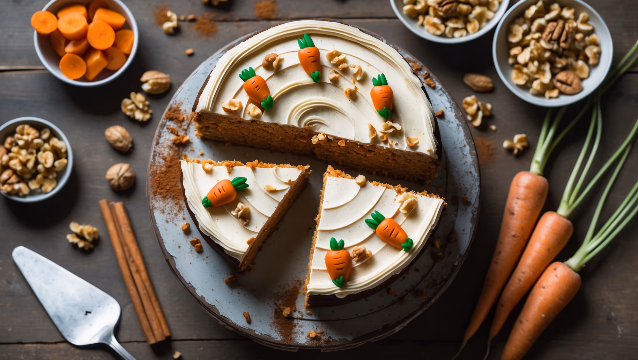 An overhead shot of a rustic two-layer vegan carrot cake on a weathered wooden cake stand, with one slice removed to reveal its moist, orange-flecked interior. Soft natural light streams across the scene, highlighting the swirls of ivory-colored cashew cream frosting adorned with crushed walnuts and tiny carrot decorations. The cake's edges show hints of caramelization while scattered cinnamon sticks, fresh carrots with their green tops, and bowls of chopped walnuts create a storytelling border. A sprinkle of ground cinnamon provides subtle color contrast against the creamy frosting, while a vintage cake server rests nearby, ready for serving the next slice.