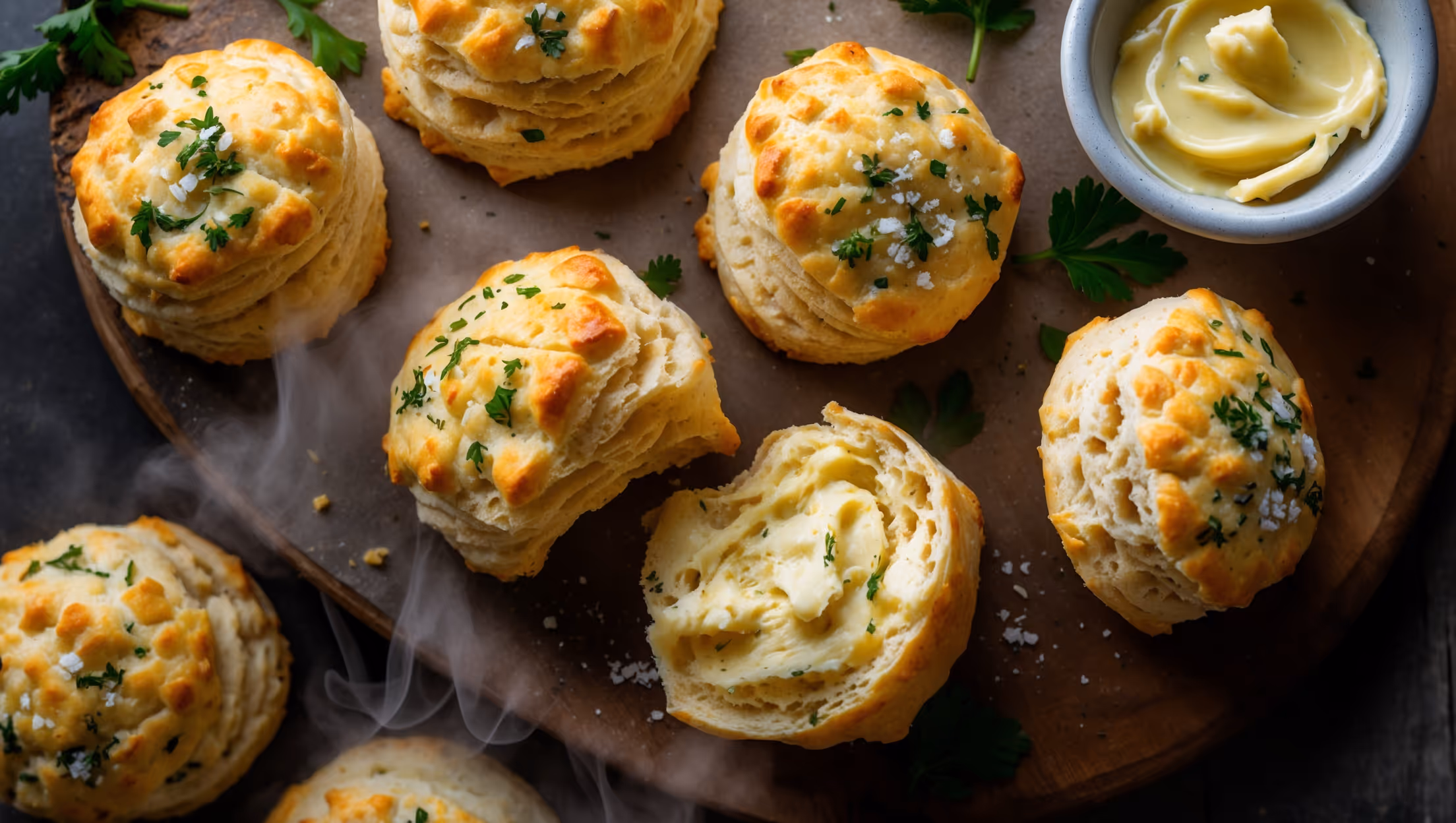 Overhead shot of golden-brown vegan cheesy garlic biscuits on a rustic wooden board, with one biscuit broken open to reveal its flaky, layered interior. Soft natural light highlights the colorful flecks of fresh herbs and the melty pockets of vegan cheese throughout. A sprinkling of coarse sea salt and dried parsley creates visual texture on the buttery, glistening tops, while a small bowl of vegan garlic butter sits alongside for dipping. Steam rises gently from the freshly-baked biscuits, emphasizing their warmth and inviting aroma.