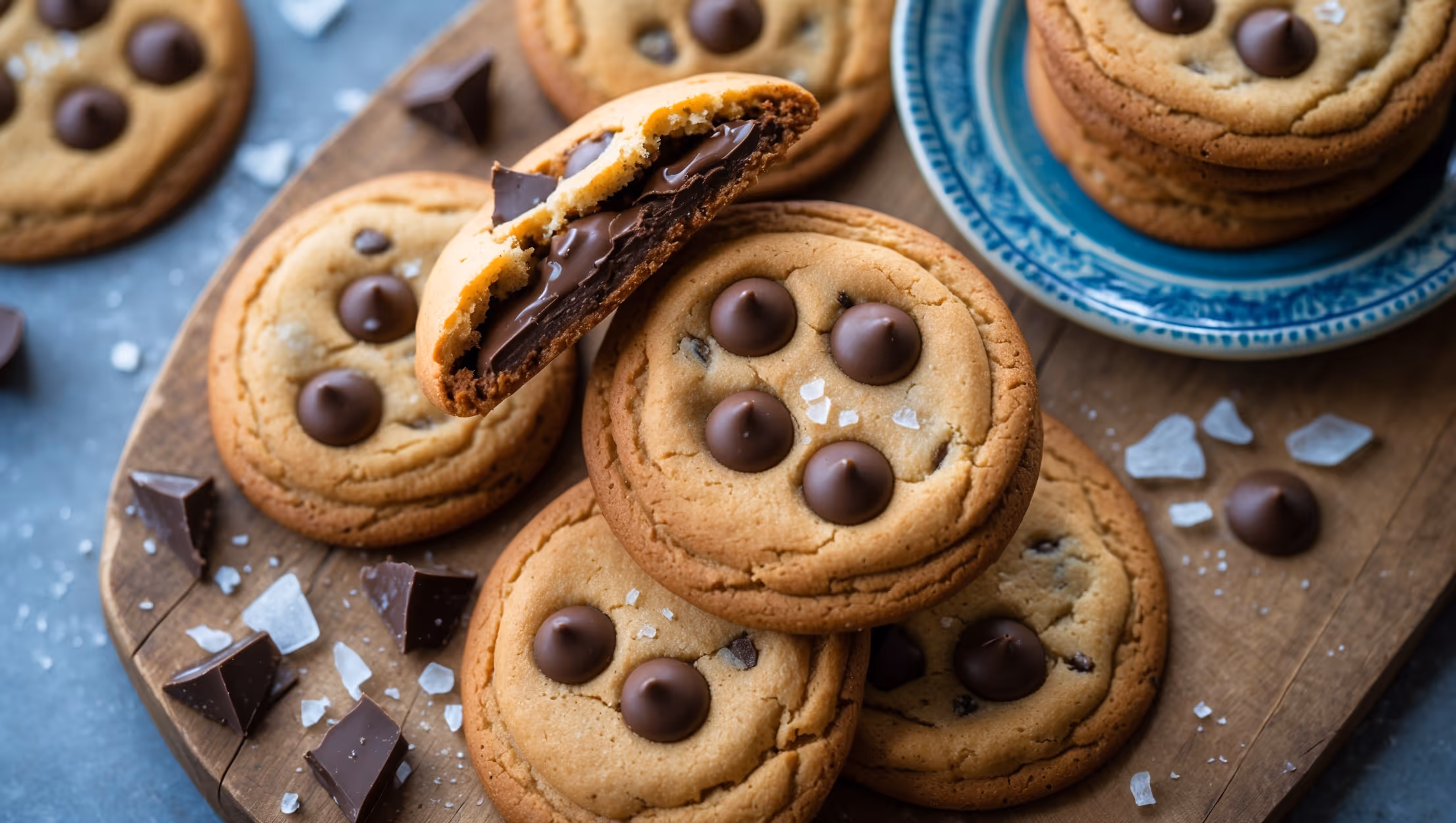 An overhead shot of perfectly golden-brown vegan chocolate chip cookies arranged in a casual pile on a rustic wooden board, with one cookie broken in half to reveal pockets of melted chocolate and a tender interior. Soft natural light highlights the crisp edges and slight sheen on each cookie's surface, while scattered sea salt flakes and a few chocolate chunks surround the arrangement. The warm amber tones of the cookies contrast beautifully with the deep chocolate pockets, and a vintage blue ceramic plate holds a smaller stack in the background, suggesting homemade comfort and indulgence.