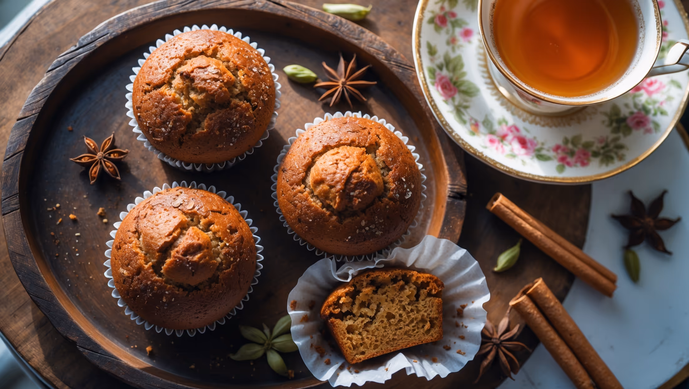 An overhead shot captures a rustic wooden tray holding three freshly baked vegan chai muffins, their tops perfectly domed and sprinkled with crystallized sugar that catches the soft morning light streaming through a nearby window. A cross-section view reveals the moist, tender crumb speckled with tiny flecks of fragrant chai spices. The muffins are arranged alongside scattered cinnamon sticks, star anise, and cardamom pods that hint at their aromatic flavor profile. A delicate vintage teacup filled with chai tea sits beside them, wisps of steam rising to create a cozy atmosphere. The warm amber and golden tones of the muffins contrast beautifully with the dark spices and white parchment paper liners, creating a striking visual that emphasizes their homemade charm and inviting texture.