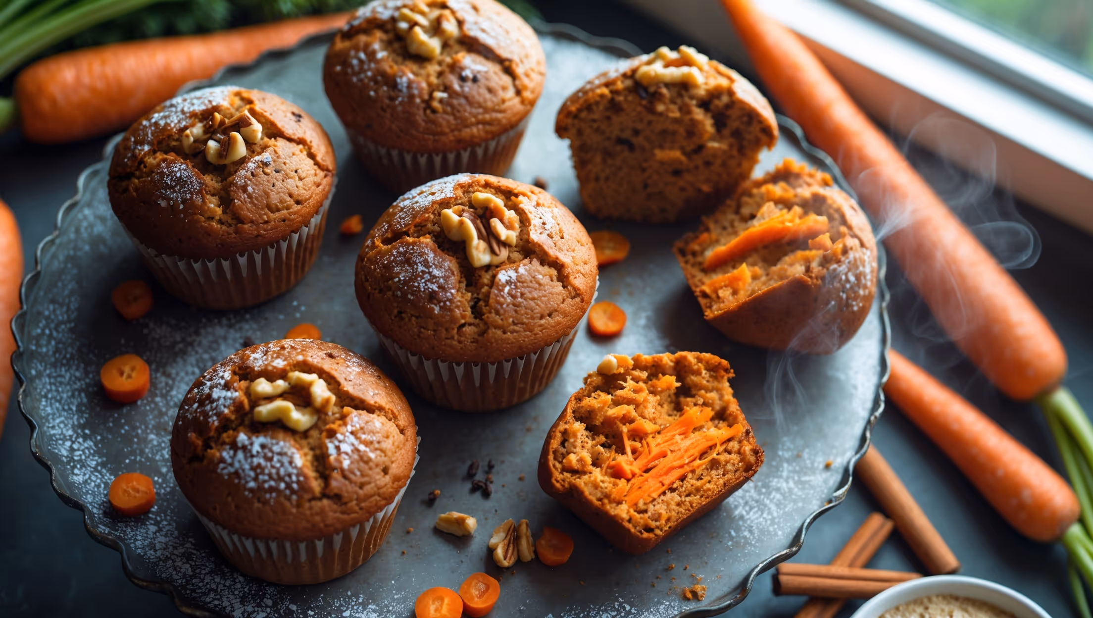 An overhead shot of rustic vegan carrot muffins arranged on a vintage cake stand, with one muffin halved to reveal its moist, speckled interior studded with vibrant orange carrot shreds and toasted walnut pieces. The golden-brown domed tops feature tiny cracks where the batter rose perfectly during baking. Soft natural window light highlights the textural elements while creating gentle shadows. Surrounding the stand are scattered whole carrots with their green tops, cinnamon sticks, and a small bowl of ground flaxseed, signaling the wholesome ingredients. A light dusting of powdered sugar creates subtle contrast against the rich amber-colored muffins, with steam wisping from the freshly sliced one.
