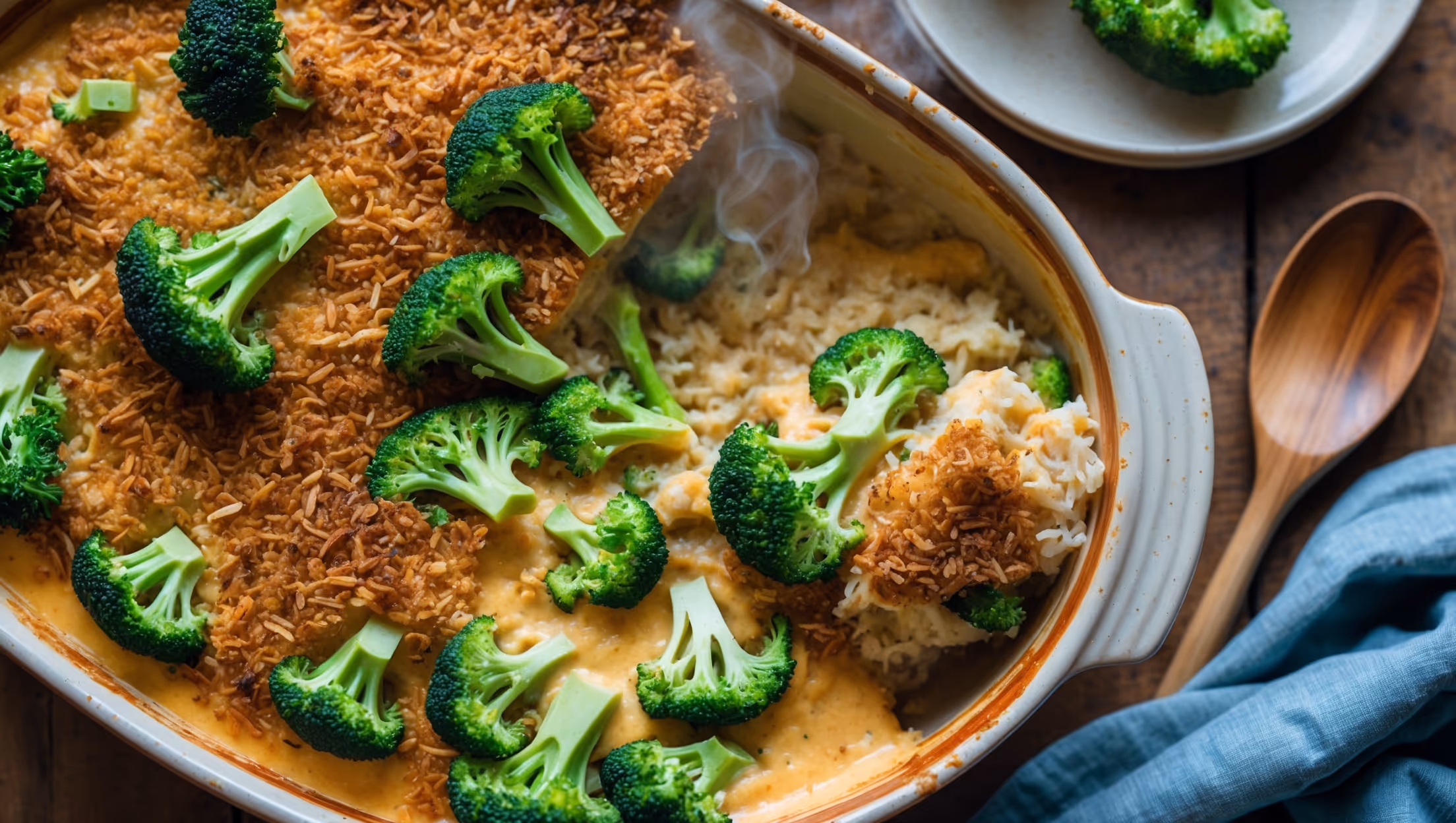 An overhead shot of a rustic ceramic casserole dish filled with the vibrant green broccoli florets peeking through a rich, golden vegan cheese sauce. The casserole surface showcases a perfectly browned, crispy breadcrumb topping with hints of herbs. A cross-section reveals distinct layers of fluffy rice and tender-crisp broccoli bathed in the creamy sauce. Shot in warm natural light on a wooden farmhouse table, with a blue linen napkin and wooden serving spoon alongside. Steam gently rises from a freshly scooped portion, revealing the casserole's moist interior and the melty texture of the vegan cheese alternative.
