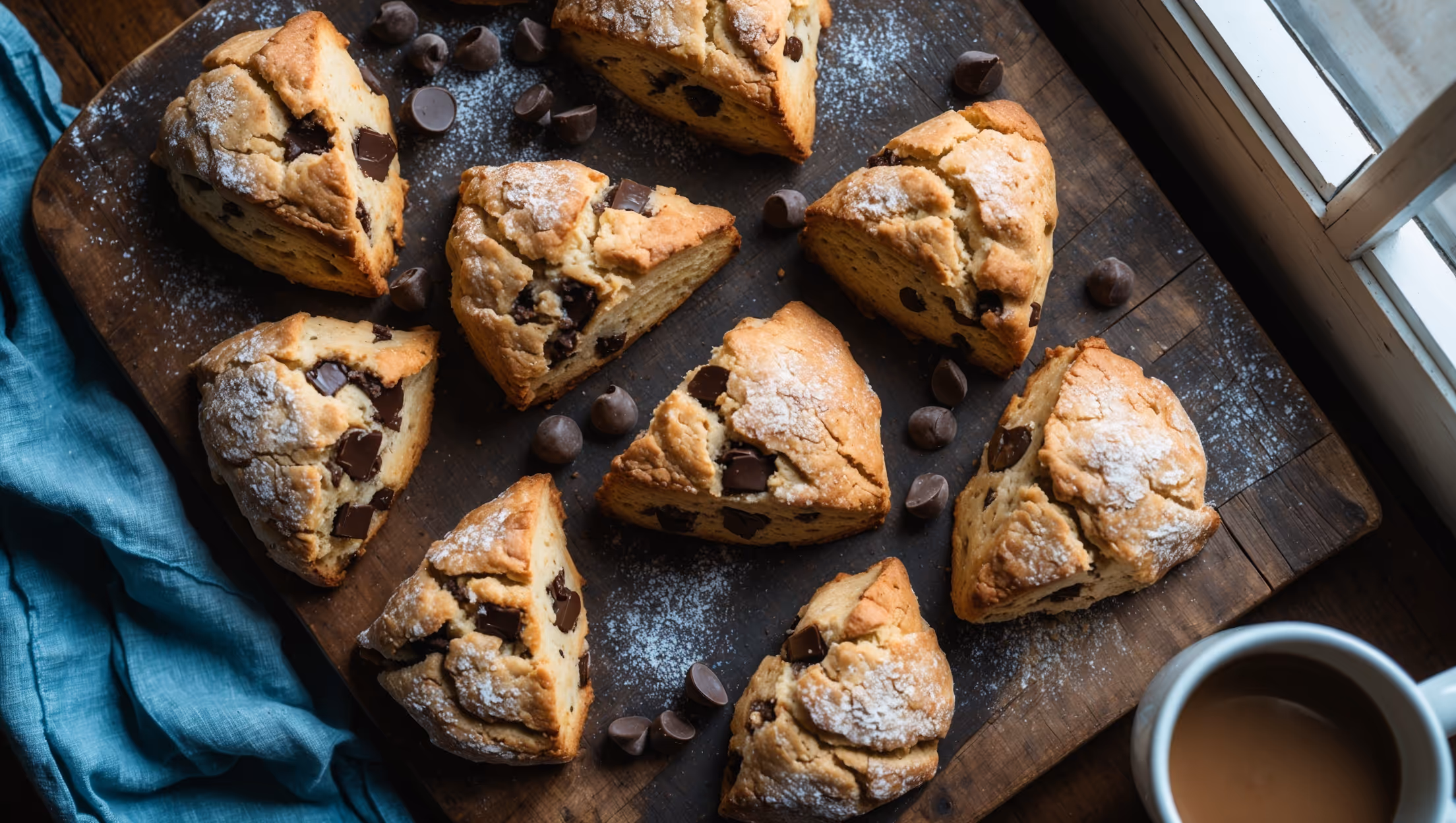 An overhead shot of golden-brown vegan chocolate chip scones arranged in a rustic pattern on a weathered wooden board, with a few strategically placed on their sides to reveal the generous chocolate chunks melting within. The scones have a crackly, sugary crust that catches the soft morning light streaming through a nearby window, highlighting their perfectly imperfect edges and tender interior. Several loose chocolate chips and a light dusting of powdered sugar are scattered artfully around the display, while a vintage blue linen napkin adds a pop of color in the corner. The warm, inviting composition captures the homemade quality of these treats, with visible flaky layers and pockets of chocolate that appear moments away from being enjoyed with a steaming cup of coffee visible at the edge of the frame.