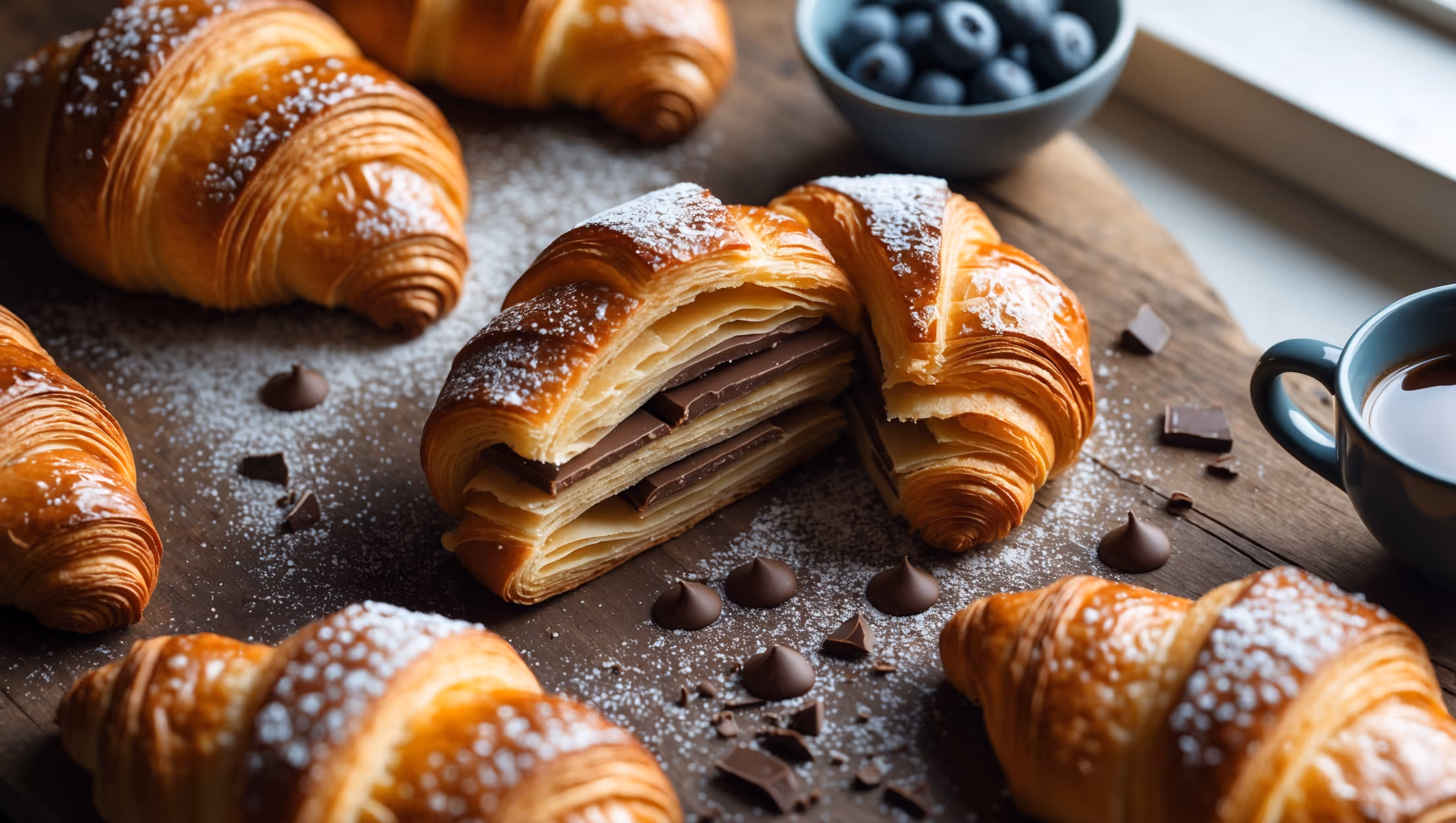 An overhead shot of golden-brown vegan chocolate croissants arranged on a rustic wooden board, with one croissant torn open to reveal layers of flaky pastry and melting dark chocolate inside. Soft natural light streams from a nearby window, highlighting the delicate lamination of the pastry and creating gentle shadows. A light dusting of powdered sugar and a scattering of chocolate shavings surround the croissants, while a small bowl of fresh berries and a cup of steaming coffee complete the styling. The contrast between the crisp outer shell and the tender interior showcases the perfect bake, with visible layers demonstrating the successful plant-based lamination technique.
