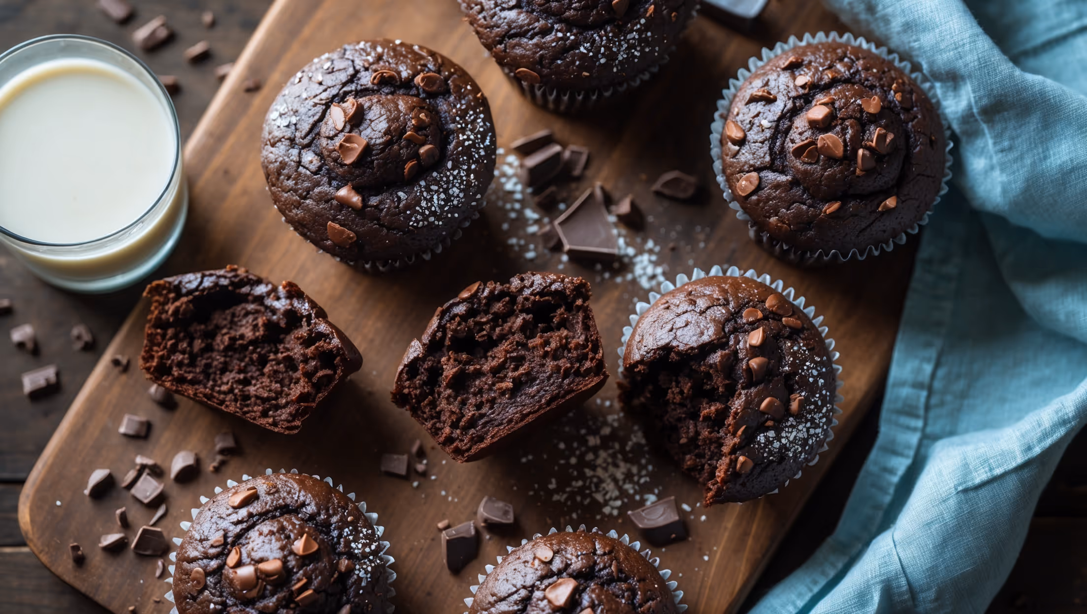 An overhead shot of freshly baked vegan chocolate muffins arranged on a rustic wooden board, with one muffin broken in half to reveal its moist, fudgy interior. The chocolate-studded tops glisten under soft natural light, highlighting their slightly crackled surface. Scattered cocoa nibs and a light dusting of powdered sugar add visual texture, while a small glass of plant milk sits nearby. The deep, dark brown color of the muffins contrasts beautifully with the pale blue linen napkin tucked alongside, creating a cozy, inviting atmosphere that emphasizes their homemade appeal.
