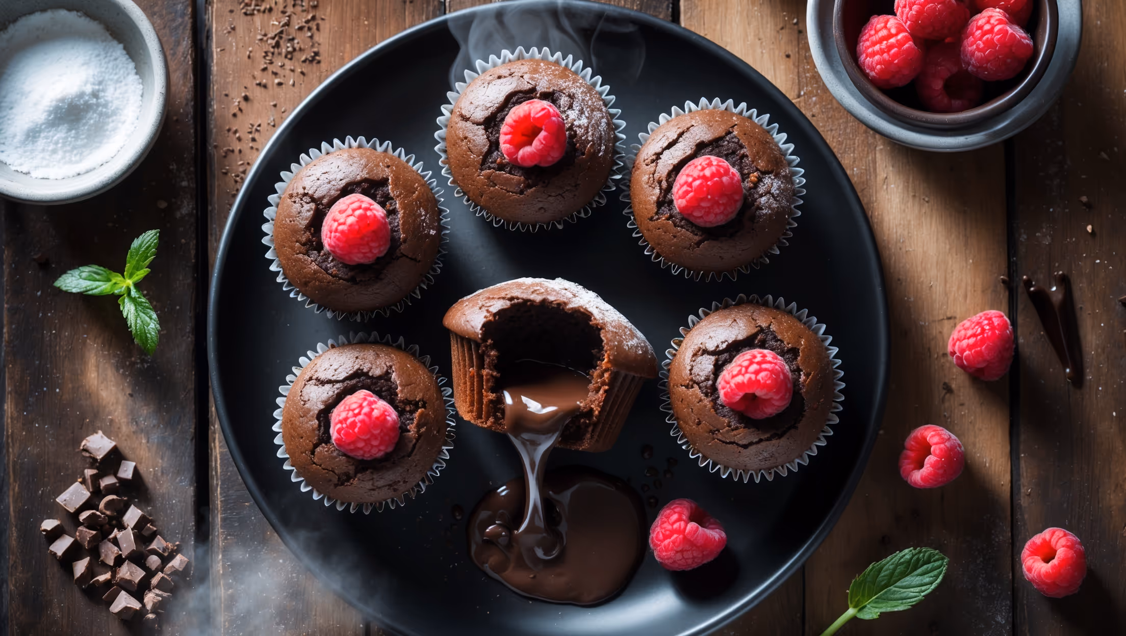 Overhead shot of six dark chocolate muffins on a matte black ceramic plate, one cut open to reveal the glossy, molten chocolate center dramatically flowing onto the plate. The muffins are dusted with a light coating of cocoa powder and topped with fresh raspberries for color contrast. Soft natural light streams from the side, highlighting the steam rising from the freshly-baked treats. A small bowl of powdered sugar sits nearby with a tiny sifter, while scattered cacao nibs and a few mint leaves add texture to the rustic wooden table surface. The deep browns of the chocolate against the vibrant red berries create a striking visual palette that showcases the muffins' moist exterior and irresistibly gooey center.