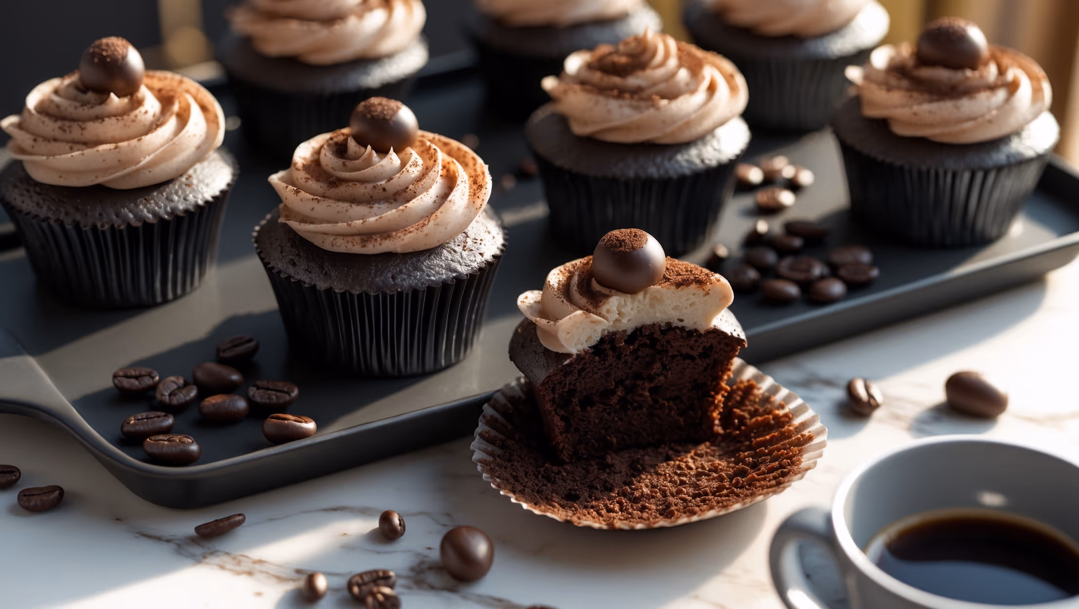 An overhead shot of dark chocolate cupcakes arranged on a matte black ceramic tray, with one cupcake in the foreground showcasing its cross-section revealing a moist, fudgy interior. The cupcakes are topped with swirls of coffee-tinted vegan buttercream frosting, dusted with cocoa powder and garnished with chocolate-covered espresso beans. Golden afternoon light casts gentle shadows across the scene, highlighting the glossy sheen of the frosting and the delicate texture of the cake. A small espresso cup with dark coffee sits alongside scattered cocoa nibs and coffee beans on a marble countertop, complementing the deep browns and blacks of these sophisticated, coffee-infused treats.