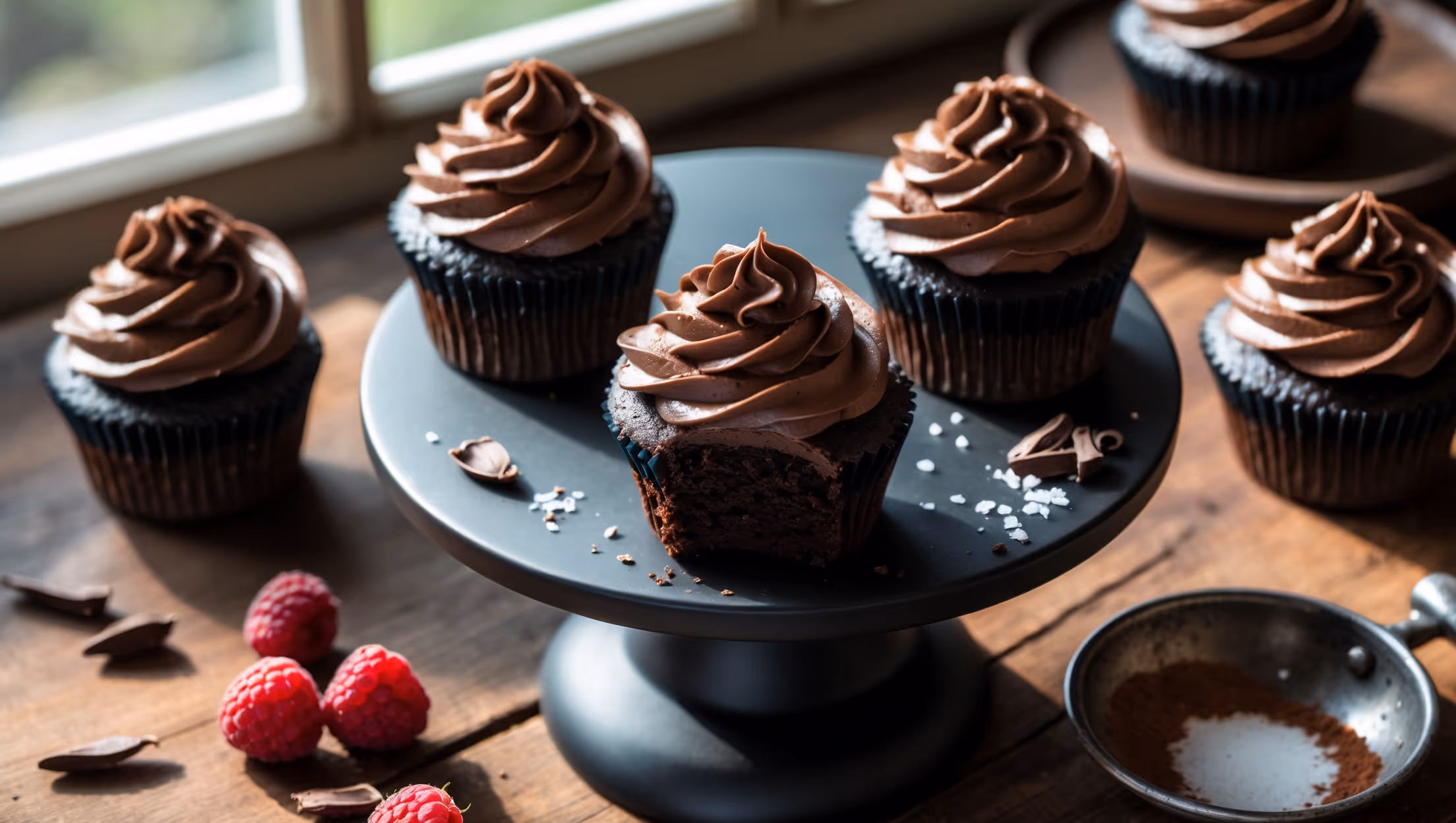 Overhead shot of six vegan chocolate cupcakes arranged on a matte black ceramic cake stand, each topped with glossy chocolate ganache frosting piped in perfect swirls. A cross-section view reveals the cupcake's remarkably moist, dark crumb against the silky frosting. Captured in soft natural light streaming through a kitchen window, the scene includes scattered cacao nibs and a few fresh raspberries for color contrast. The cupcakes cast subtle shadows on the rustic wooden table beneath, while a small bowl of flaky sea salt and a vintage sifter dusted with cocoa powder complete the composition, emphasizing the rich chocolate elements central to the recipe.