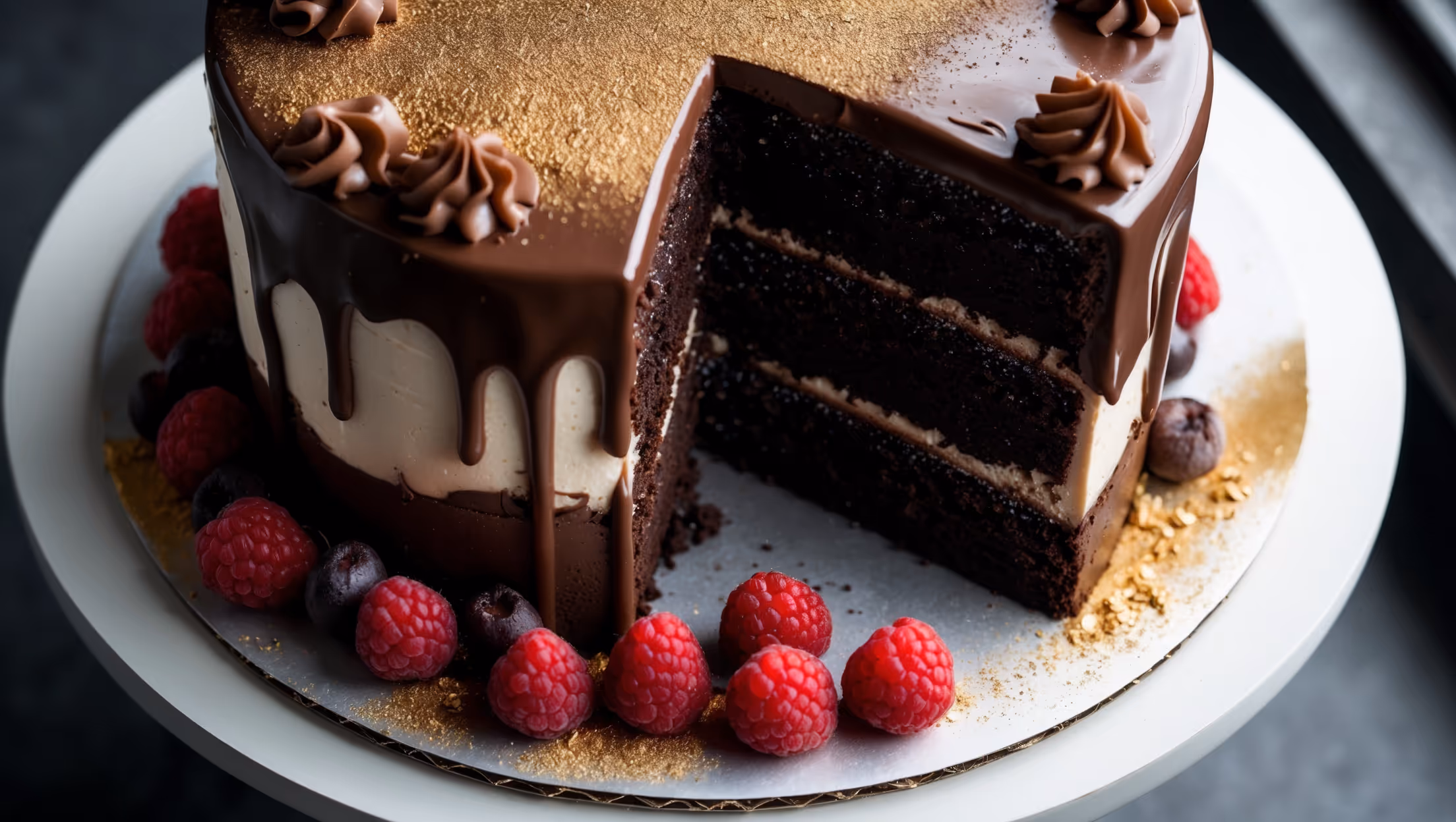 An overhead shot of a three-tiered chocolate cake with glossy ganache frosting cascading down the sides, captured in soft natural light from a nearby window. The cake sits on a minimalist white cake stand against a dark backdrop, highlighting the deep chocolate color. A close-up reveals the moist, tender crumb structure of a perfectly cut slice, with distinct layers separated by smooth chocolate frosting. Fresh raspberries and edible gold dust are scattered artfully around the base, while a light dusting of cocoa powder creates texture on the top surface. The warm lighting accentuates the sheen of the ganache, promising an intensely chocolaty experience without any dairy ingredients.