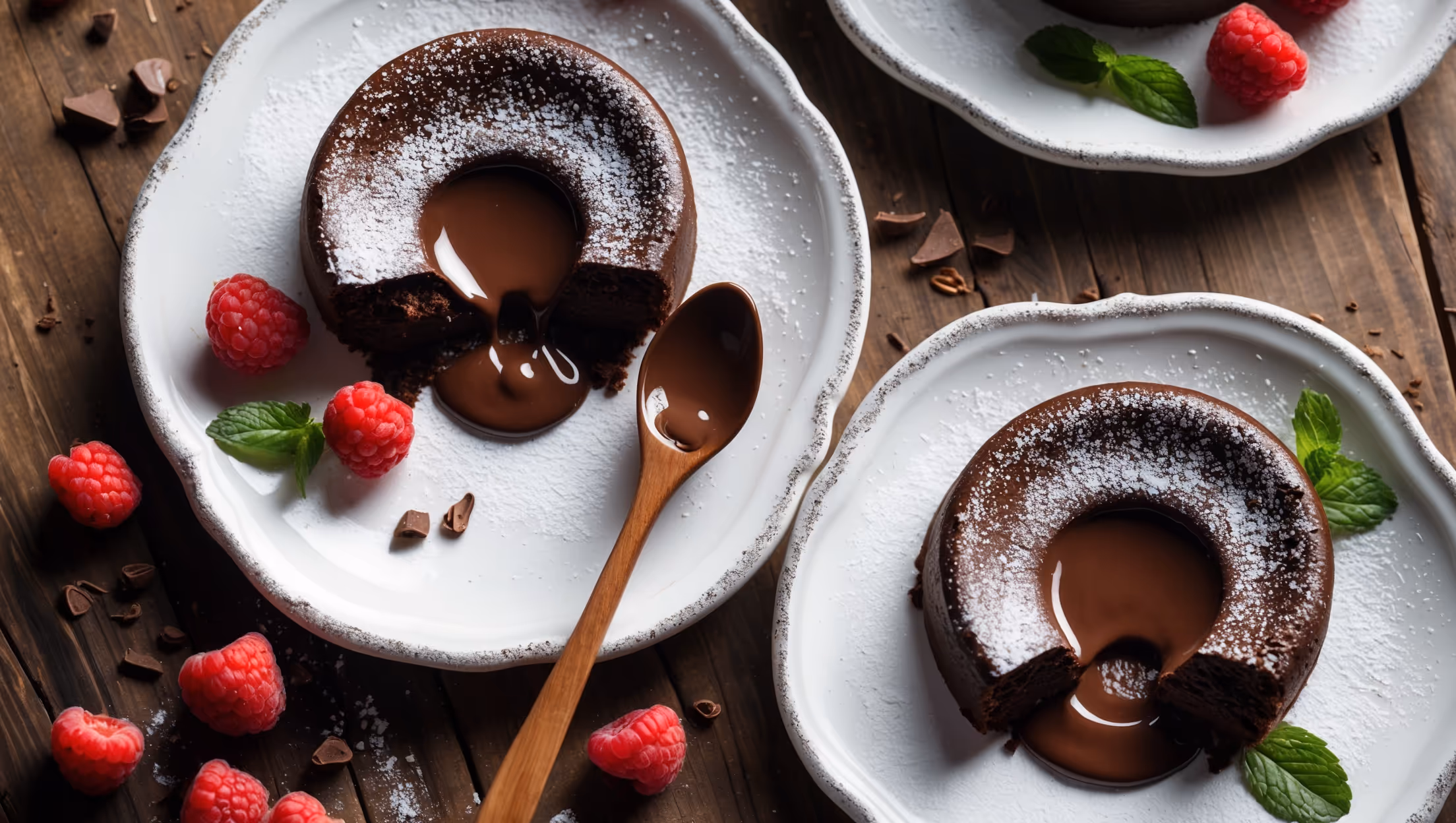 An overhead shot of two vegan chocolate lava cakes on elegant white dessert plates, one intact and one broken open to reveal the dramatic cascade of molten chocolate center flowing onto the plate. The cakes are dusted with a light snow of powdered sugar, with fresh raspberries and mint leaves providing vibrant color contrast against the deep chocolate brown. A wooden-handled dessert spoon sits alongside, partially dipped in the flowing chocolate center. The scene is captured in warm, soft lighting that highlights the glossy texture of the flowing chocolate, with a rustic wooden table underneath and scattered cacao nibs adding texture to the composition.