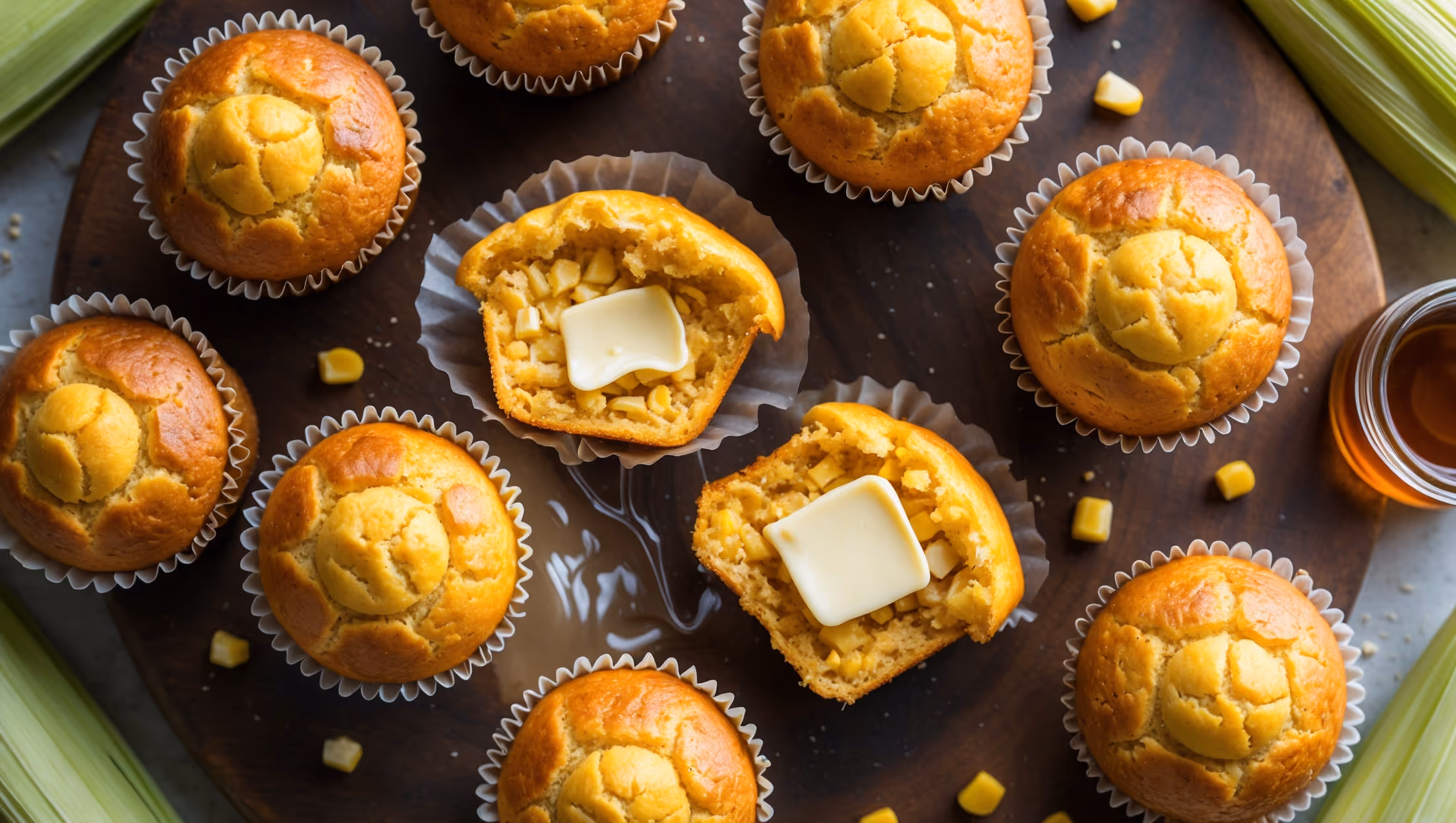 An overhead shot of freshly-baked vegan corn muffins arranged on a rustic wooden board, their golden-brown domed tops glistening slightly in soft natural light. A cross-section view reveals a moist, tender yellow crumb studded with visible corn kernels. Several muffins are split open, steam still rising, with a pat of vegan butter slowly melting into the warm interior. Fresh corn husks and scattered cornmeal create visual context around the arrangement, while a small jar of agave nectar sits nearby, suggesting a perfect pairing. The warm golden tones of the muffins contrast beautifully with the deep brown of the wooden serving board.