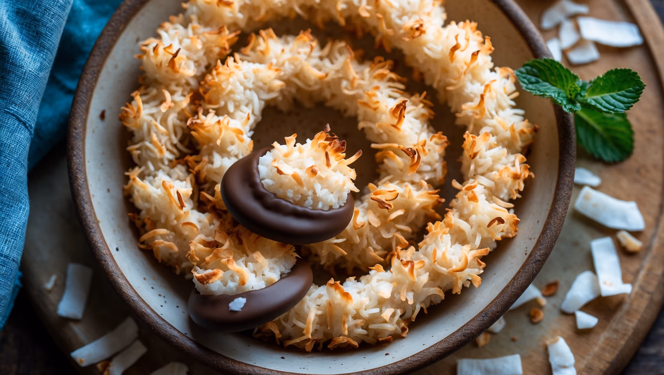Overhead shot of golden-brown coconut macaroons arranged in a spiral pattern on a rustic ceramic plate, with a soft natural light highlighting their crispy, textured exteriors. A close-up reveals the delicate toasted edges and moist, chewy interior where coconut strands cling together in perfect harmony. Several macaroons feature a glossy chocolate-dipped base that contrasts beautifully with the pale golden color. Scattered coconut flakes and a sprig of mint add freshness to the composition, while a vintage blue linen napkin adds a pop of color against the wooden serving board in the background.