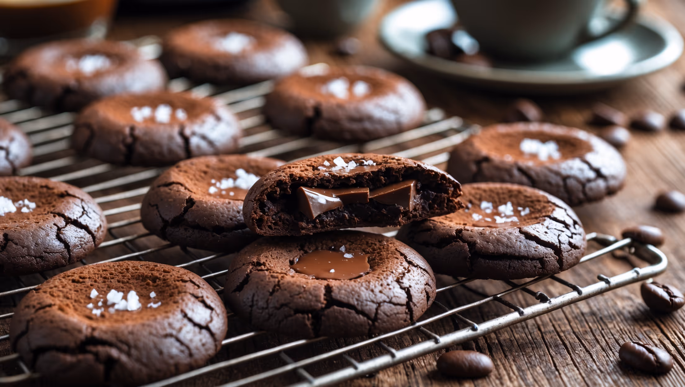A close-up view of dark, slightly crackled espresso chocolate cookies arranged on a vintage wire cooling rack, with a few cookies broken in half to reveal their fudgy centers studded with melted chocolate chunks. Shot in warm natural light that accentuates the glossy chocolate sheen and subtle coffee-colored undertones. In the background, a small espresso cup and scattered coffee beans create context, while a light dusting of cocoa powder and sea salt crystals on the cookies catches the light. The contrast between the deep chocolate cookies and the rustic wooden surface below highlights their moist, chewy texture and rich color variation.
