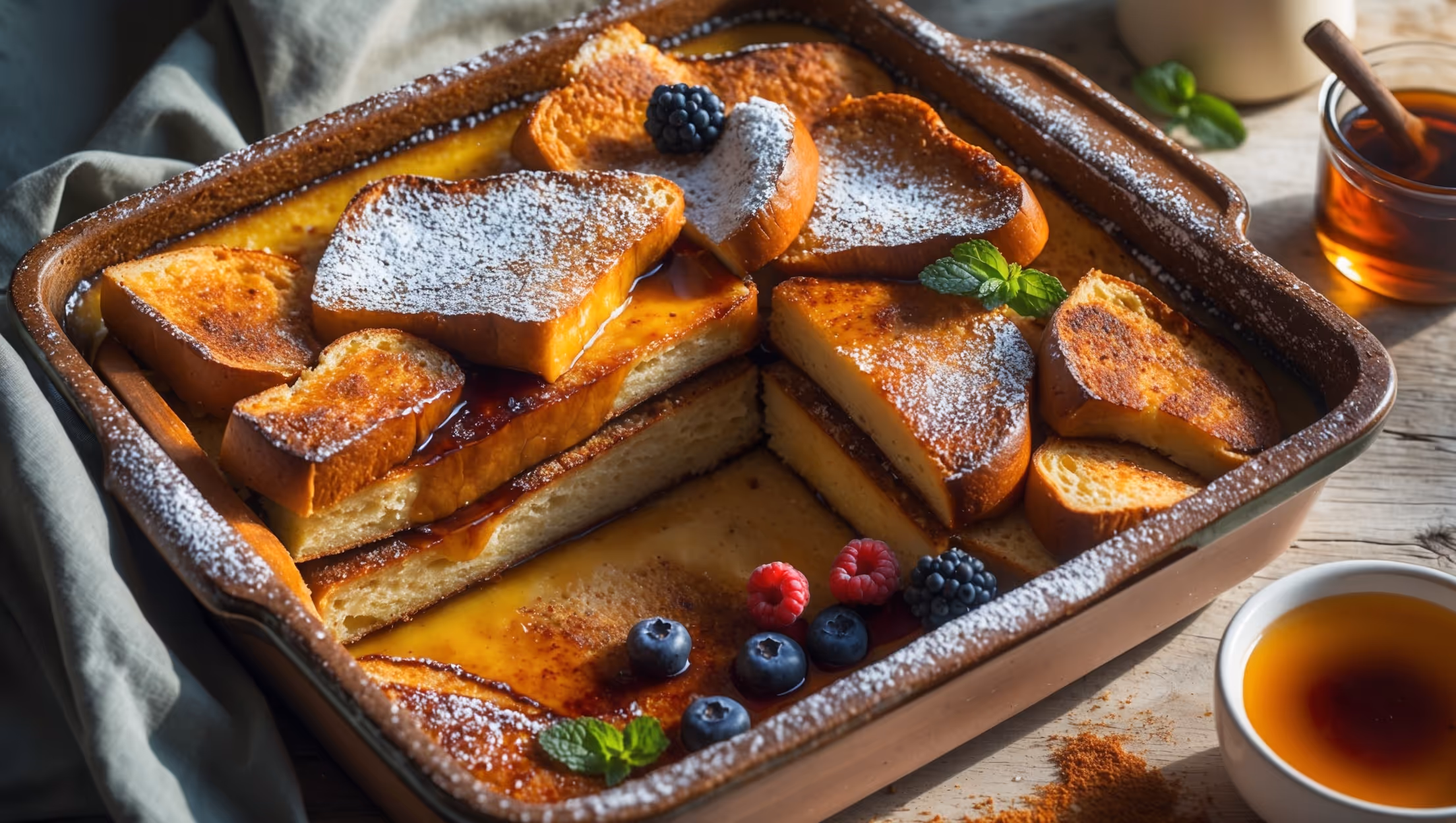 An overhead shot of a rustic ceramic baking dish filled with golden-brown Vegan French Toast Casserole, the top layer beautifully caramelized and dusted with powdered sugar. A cross-section reveals layers of bread soaked in cinnamon-infused custard, with pockets of maple syrup creating glistening amber highlights. Soft natural morning light streams across the scene, illuminating fresh berries scattered around the dish and a small pitcher of maple syrup waiting nearby. On a vintage wooden table, the casserole is accompanied by a dusting of cinnamon, sprigs of mint, and visible pieces of caramelized edges that showcase the perfect contrast between crispy exterior and soft, custardy interior.