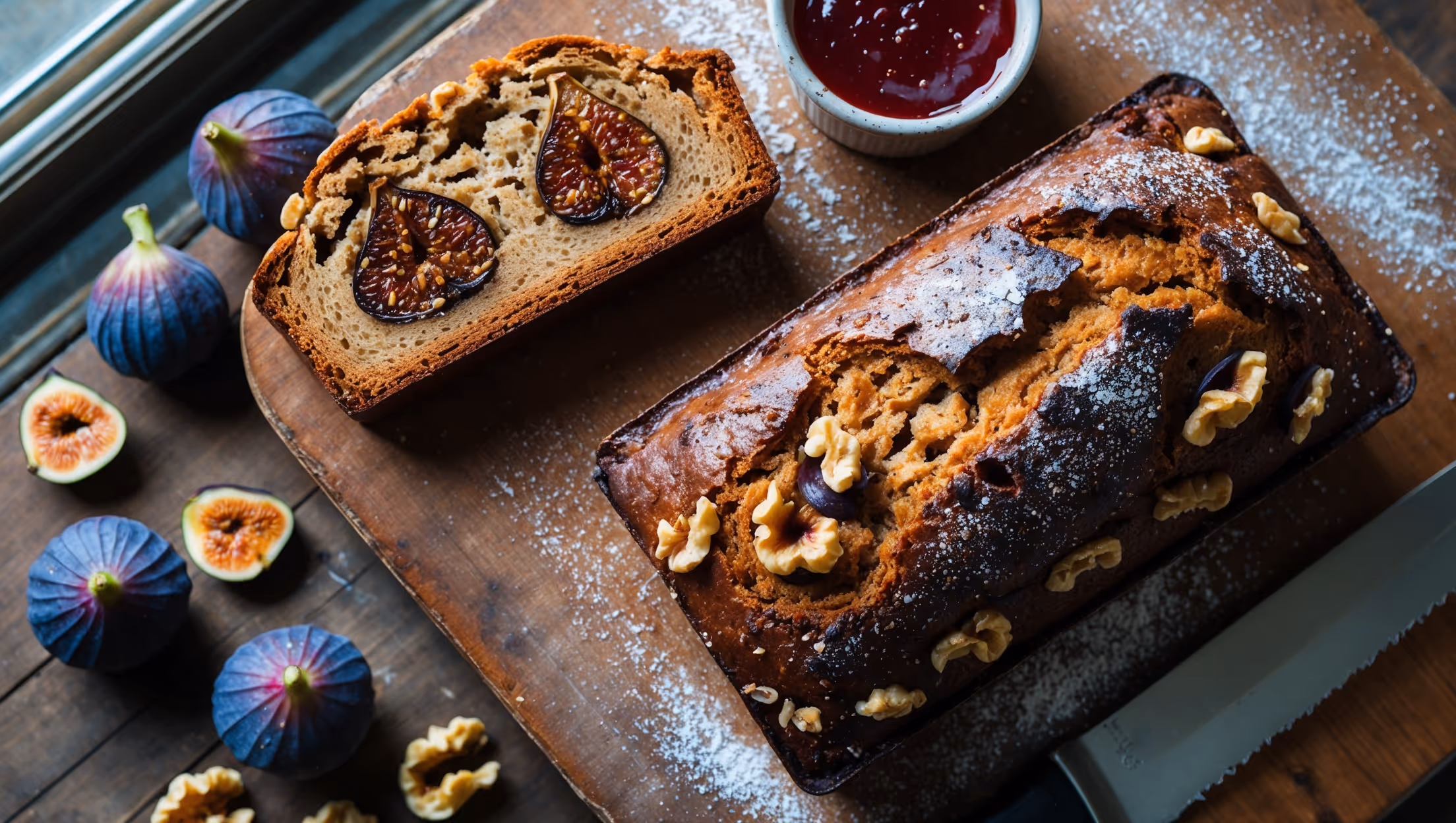 An overhead shot of a golden-brown Vegan Fig and Walnut Loaf on a vintage wooden board, with one thick slice cut to reveal the rich interior texture studded with plump figs and walnut pieces. Natural light streams in from a nearby window, highlighting the moist crumb and glistening dried fruit. A scattering of additional walnut halves and dried figs frames the loaf, while a small pot of fig jam sits alongside a serrated knife. The contrast between the dark figs and caramelized crust creates visual interest, while a dusting of powdered sugar adds a delicate finishing touch to this wholesome, rustic bake.