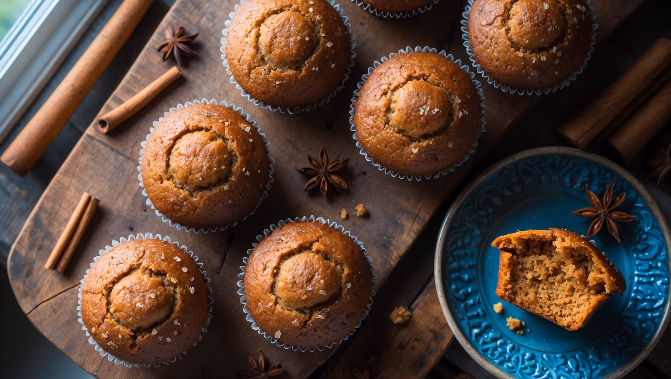 An overhead shot of golden-brown vegan gingerbread muffins arranged on a rustic wooden board, their perfect domed tops sparkling with coarse sugar crystals. The cross-section of one muffin reveals a moist, tender crumb with visible specks of warm spices. Soft natural light streams in from a side window, casting gentle shadows that highlight the muffins' textured tops. Surrounding the arrangement are scattered whole cinnamon sticks, star anise, and crystallized ginger pieces. A vintage blue ceramic plate holds two muffins, one with a small bite taken out showing its soft interior, while steam gently rises from their freshly-baked centers.