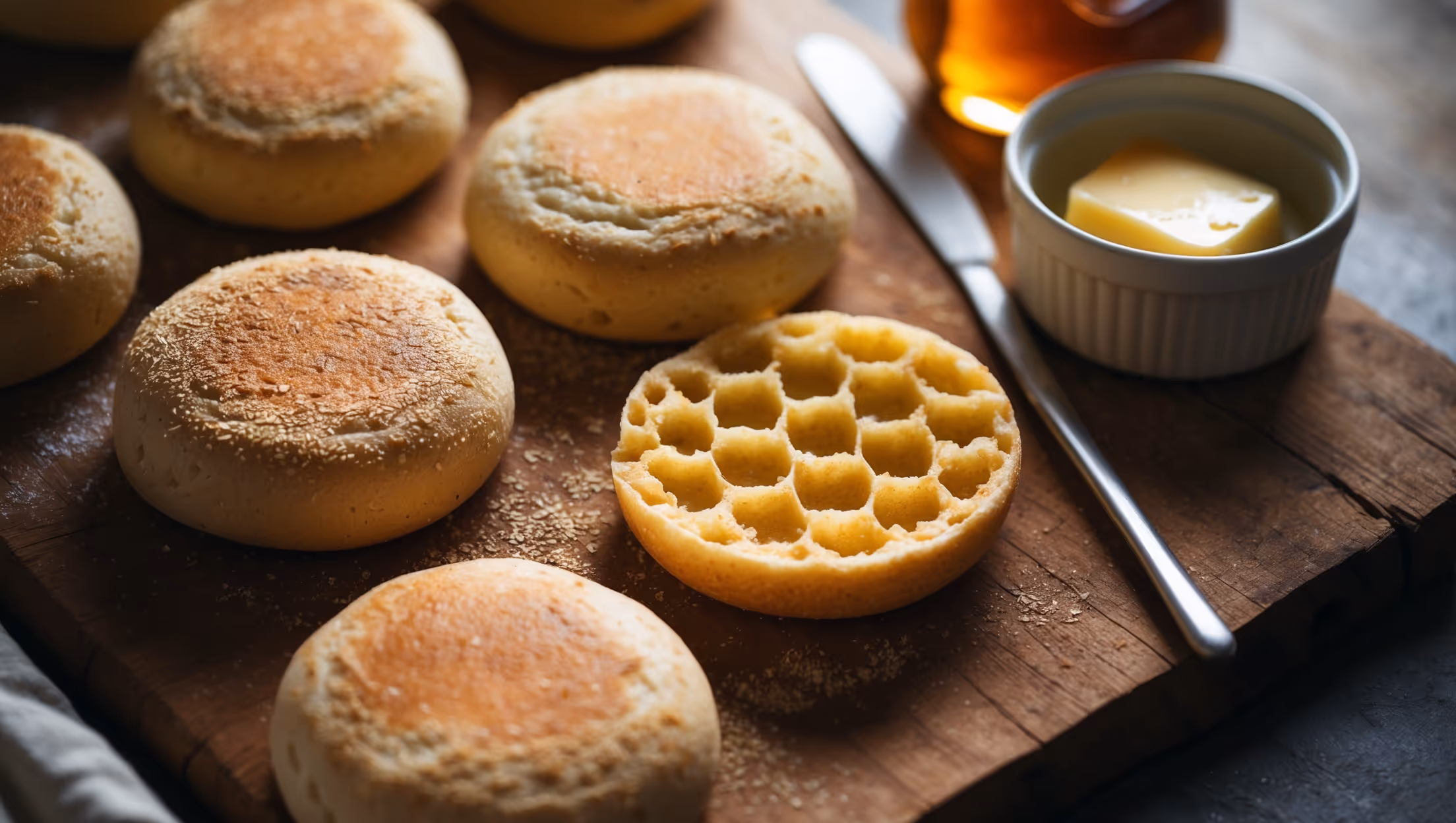 Overhead shot of golden-brown vegan English muffins arranged on a rustic wooden board, with one split open to reveal the signature honeycomb interior structure. A soft natural light streams in from the side, highlighting the dusting of cornmeal on the exterior and the delicate nooks and crannies inside. A small ramekin of glistening plant-based butter sits nearby, partially melted on the warm, freshly toasted muffin half, alongside a jar of amber-colored maple syrup. The warm, toasty aroma is almost palpable in this cozy breakfast scene.