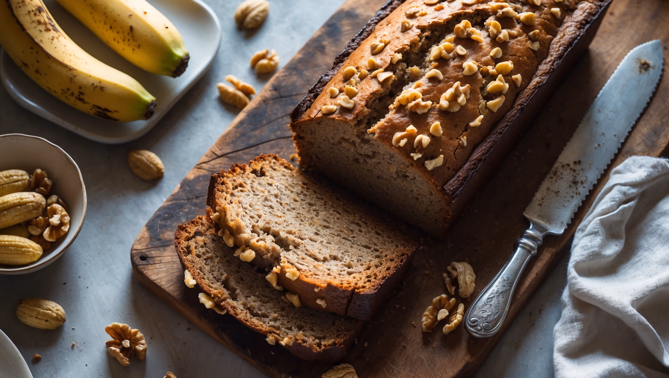 An overhead shot of a rustic loaf of vegan gluten-free banana bread on a weathered wooden cutting board, with one thick slice cut to reveal its moist, speckled interior. The bread's golden-brown top has a slight crackle and is garnished with a sprinkle of walnuts. Soft natural light streams in from a nearby window, highlighting the bread's caramelized edges and tender crumb. A small bowl of fresh bananas and scattered walnuts frame the composition, while a linen napkin and vintage cake knife rest nearby. Steam gently rises from the freshly cut slice, suggesting warmth and inviting the viewer to taste this wholesome treat.
