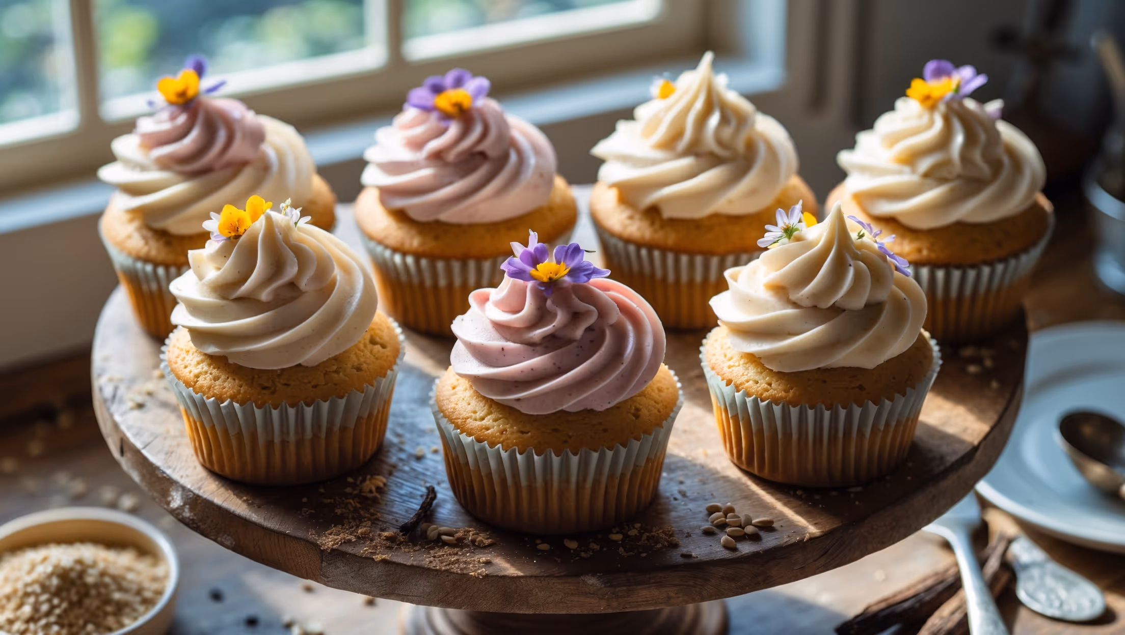 An overhead shot of six perfectly domed vegan gluten-free cupcakes arranged on a rustic wooden cake stand, bathed in soft natural light streaming through a kitchen window. Each cupcake is topped with peaks of swirled pastel-colored dairy-free buttercream frosting and garnished with tiny edible flowers. A cross-section view reveals the surprisingly light, moist crumb texture against the smooth frosting. In the background, scattered gluten-free flour, flax seeds, and vanilla pods create visual context, while a vintage cake server rests nearby. The warm lighting highlights the slight golden edge of each cupcake, emphasizing their perfect bake and inviting appearance.