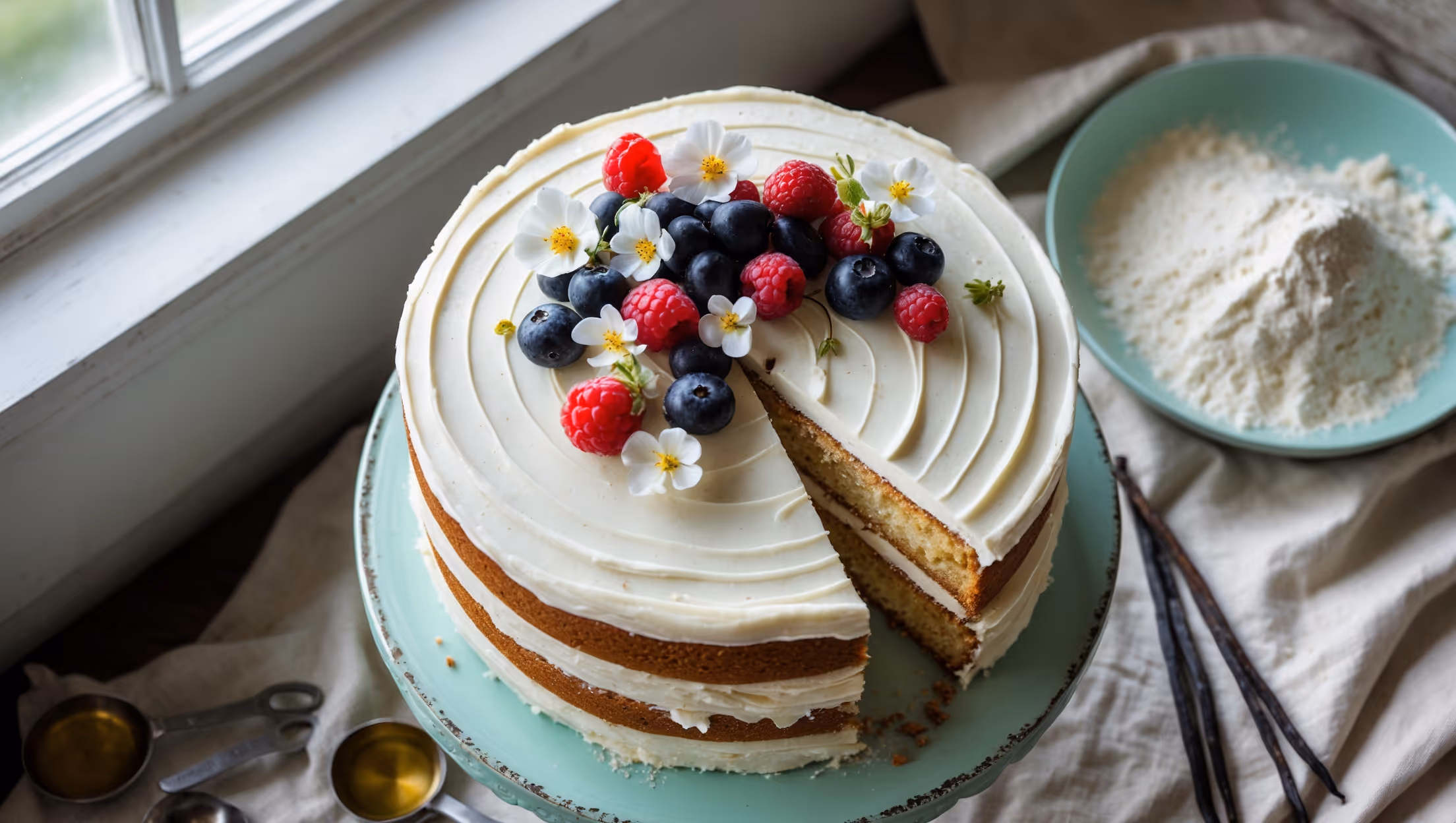 An overhead shot of a three-layer vegan gluten-free cake bathed in soft natural light streaming through a nearby window. The cake features pristine white coconut cream frosting with subtle texture lines from an offset spatula, topped with a scattering of fresh seasonal berries and edible flowers. A cross-section reveals moist, tender cake layers with a perfect crumb structure in a warm golden hue. The cake sits atop a vintage mint-colored cake stand against a neutral linen tablecloth, with scattered gluten-free flour, measuring spoons, and vanilla pods artfully arranged nearby, emphasizing its homemade nature.