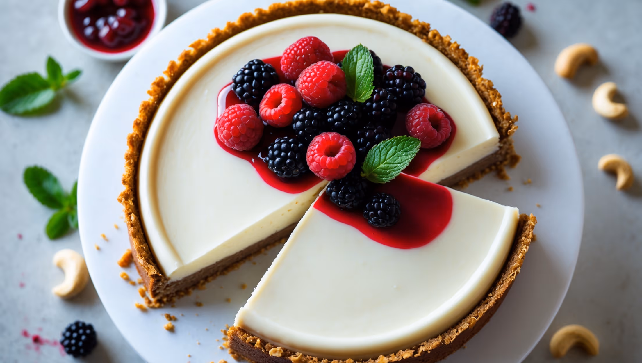 An overhead shot of a perfectly set vegan cheesecake with a golden-brown almond and date crust visible at the edges. The creamy white surface is adorned with a vibrant arrangement of fresh berries creating a colorful contrast against the ivory filling. A slice being lifted reveals the luscious, dense texture as it pulls away cleanly from the rest of the cake. The scene is captured in soft natural light on a minimalist white cake stand with scattered raw cashews and fresh mint leaves adding context to the ingredients. A small drizzle of berry compote adds a glossy crimson accent that highlights the dessert's smooth, velvety finish.