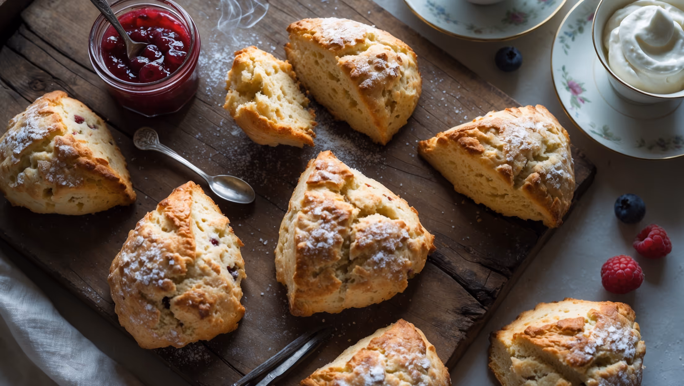 An overhead shot of rustic golden-brown scones arranged on a weathered wooden board, with one broken open to reveal a tender, crumbly interior texture. Soft natural light streams in from a nearby window, highlighting the subtle flecks of vanilla bean throughout the pastry. A small jar of raspberry jam and a bowl of coconut whipped cream sit alongside, with a vintage teacup and scattered fresh berries completing the composition. A light dusting of powdered sugar creates delicate contrast against the scones' caramelized tops, while steam gently rises, suggesting they're fresh from the oven.