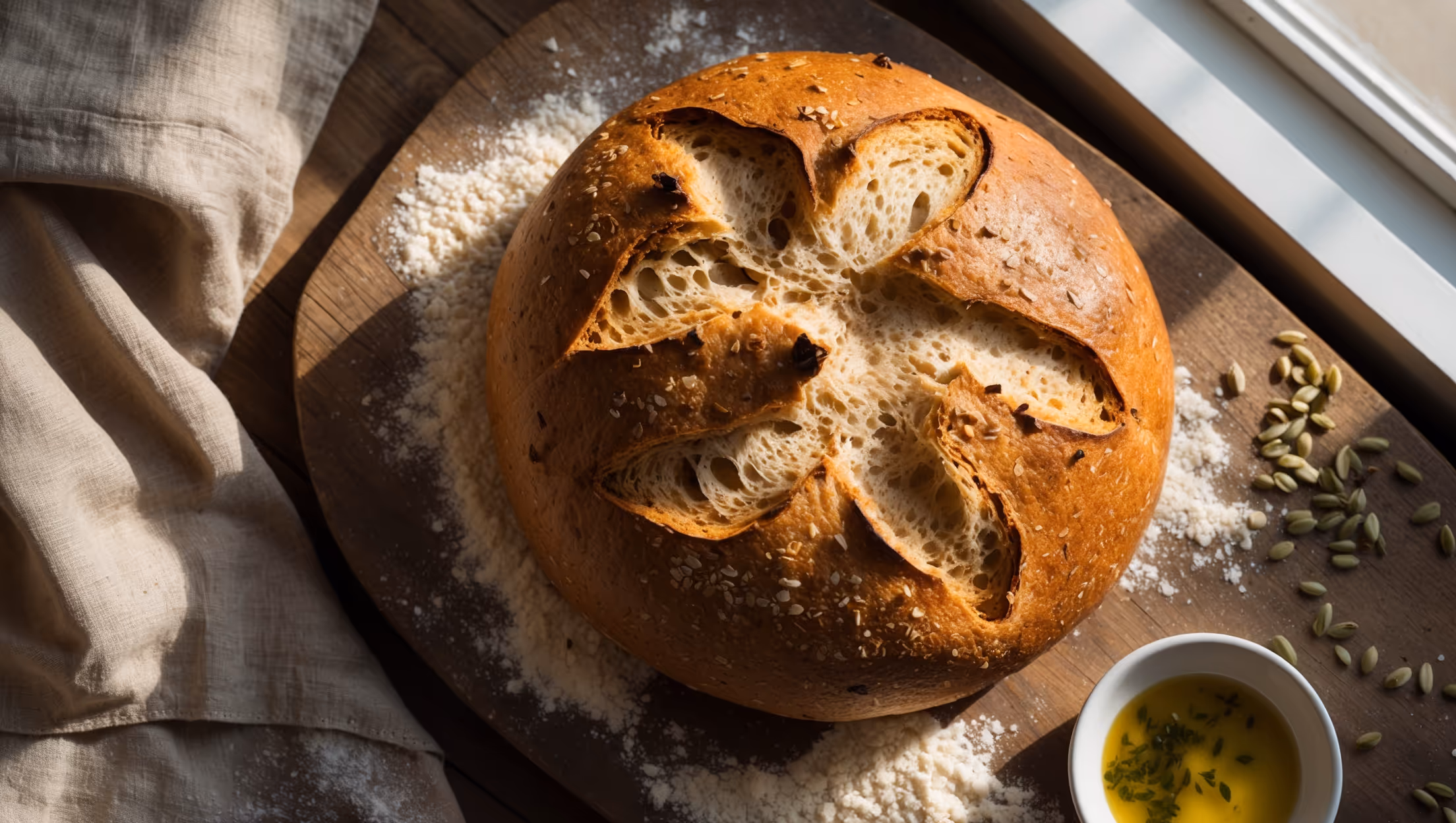 An overhead shot of a rustic, golden-brown gluten-free loaf with a perfectly cracked top, displayed on a weathered wooden board dusted with brown rice flour. The cross-section view reveals a surprisingly airy crumb structure with even bubbles throughout. Soft natural light streams in from a nearby window, highlighting the bread's textural details while casting a gentle shadow that emphasizes its height. A linen napkin in earthy tones frames one corner, with scattered seeds and a small dish of olive oil with herbs suggesting serving possibilities. The warm color palette of amber, beige, and soft browns evokes the comforting essence of freshly baked bread despite its specialty ingredients.