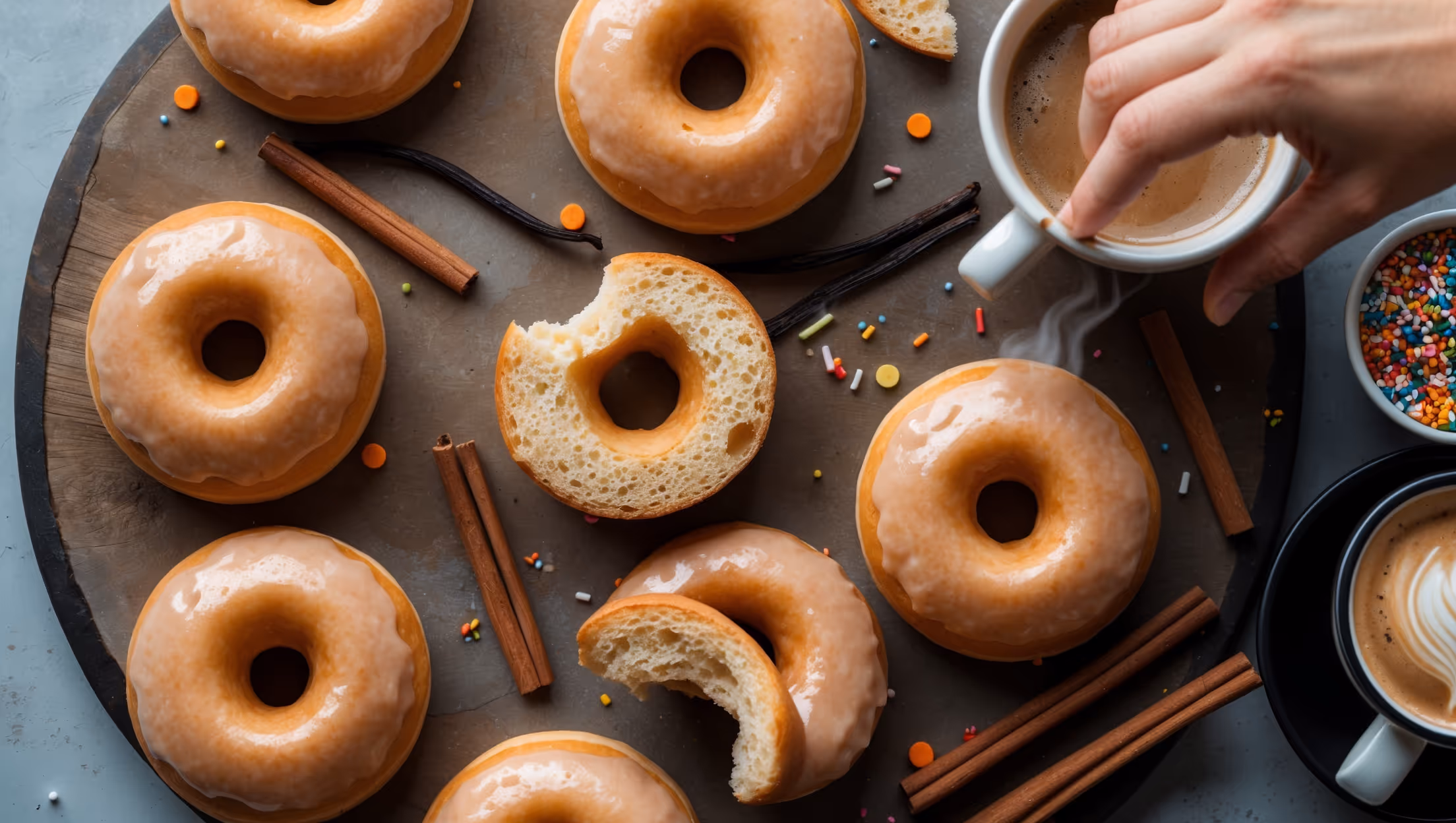An overhead shot of six perfectly round vegan gluten-free donuts arranged on a rustic wooden board, with soft natural light highlighting their golden-brown exterior and glossy glaze. A close-up reveals the light, airy texture of one donut cut in half, showcasing its tender crumb. Scattered cinnamon sticks, vanilla beans, and a small bowl of colorful sprinkles add visual interest around the arrangement. A hand reaches for one donut, emphasizing their irresistible appeal, while steam gently rises from a cup of coffee placed alongside, suggesting these treats are freshly baked and ready to be enjoyed.