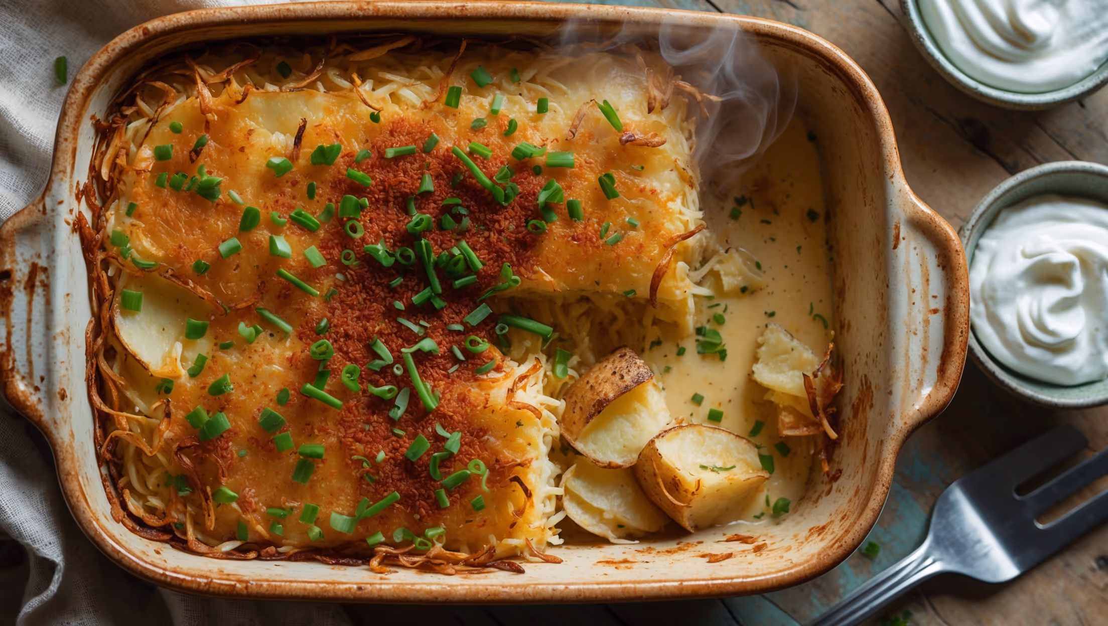 An overhead shot of a golden-brown vegan hashbrown casserole in a rustic ceramic baking dish, steam gently rising from its crispy, lightly caramelized top. The cross-section reveals layers of tender shredded potatoes bound together with a creamy cashew-based cheese sauce. Soft natural light highlights the contrast between the crunchy top and the creamy interior. Scattered fresh chives and a sprinkle of smoked paprika add vibrant color accents against the warm golden tones. The casserole sits on a weathered wooden table alongside a spatula and small bowls of vegan sour cream, creating an inviting comfort food scene that showcases its hearty, satisfying texture.