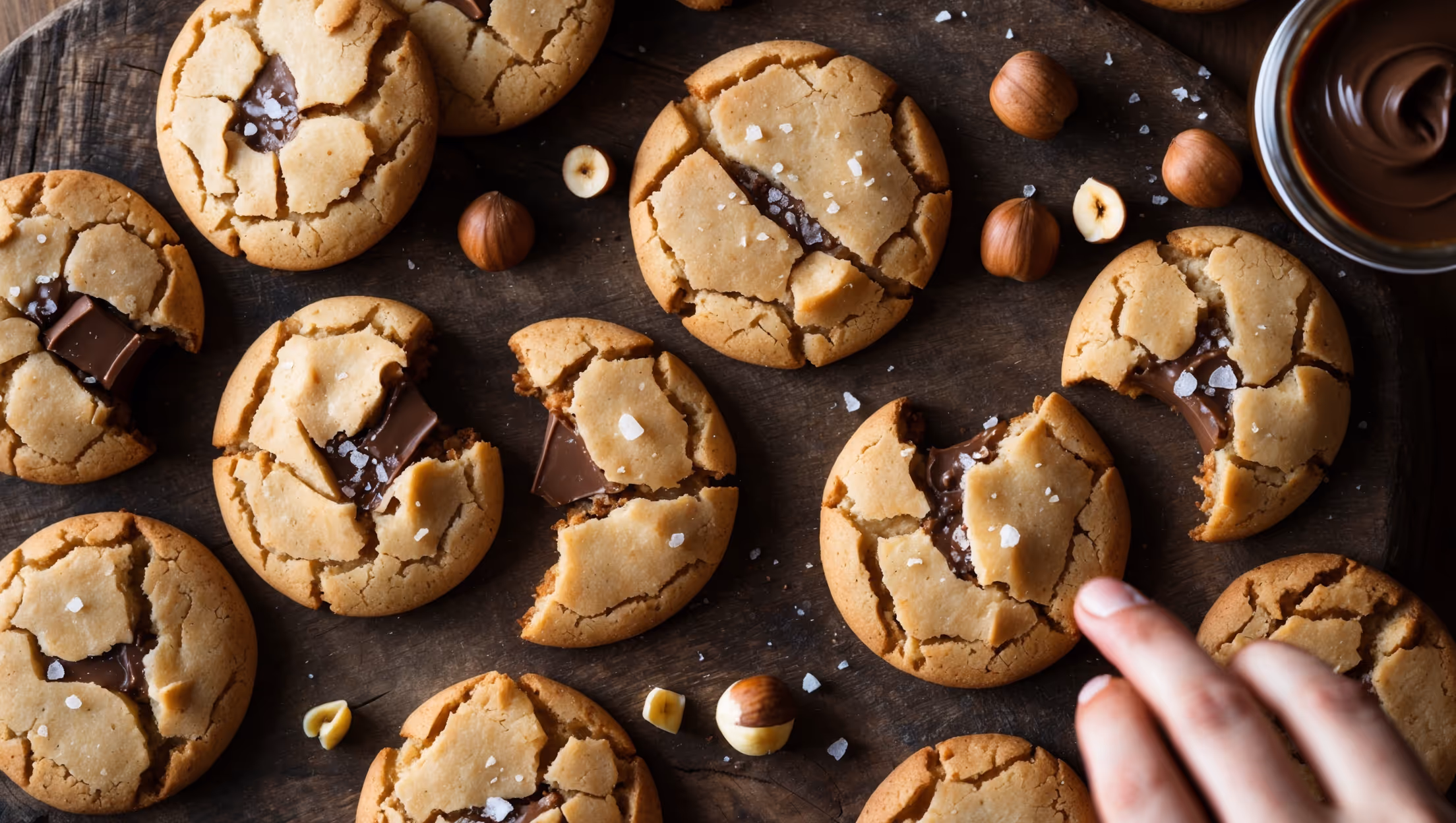 An overhead view of golden-brown hazelnut cookies arranged on a rustic wooden board, with some cookies broken to reveal chocolate chunks melting inside. Shot in warm natural light that highlights the cookies' crackly surfaces and toasted hazelnut pieces scattered throughout. Several whole hazelnuts and a small jar of hazelnut spread sit nearby, with a hand visible reaching for a cookie, suggesting irresistibility. The textural contrast between the cookies' crisp edges and softer centers is evident, with visible flecks of sea salt catching the light atop each perfectly imperfect round.