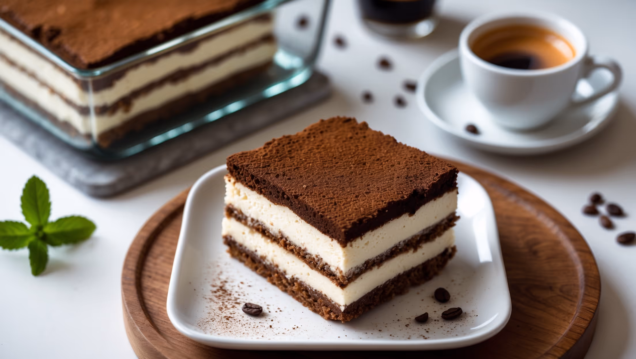An overhead shot of a square-cut slice of vegan gluten-free tiramisu on a minimalist white ceramic plate, revealing distinct creamy white and coffee-soaked cake layers, topped with a generous dusting of dark cocoa powder. Soft natural light highlights the delicate texture of the coconut cream "mascarpone" and the moist gluten-free sponge. In the background, a full tiramisu in a clear glass serving dish shows the beautiful repeating layers, alongside a small espresso cup and scattered cacao nibs. A sprig of mint adds a touch of vibrant green against the monochromatic dessert, while a wooden serving board creates a warm, inviting atmosphere.